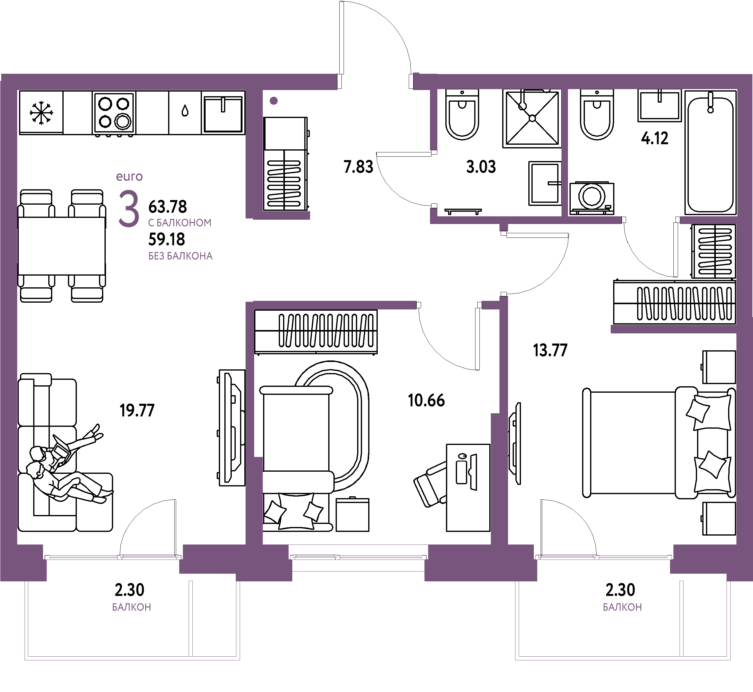ЖК "Европейский берег 2.0"-3-комнатная 63.78 м²