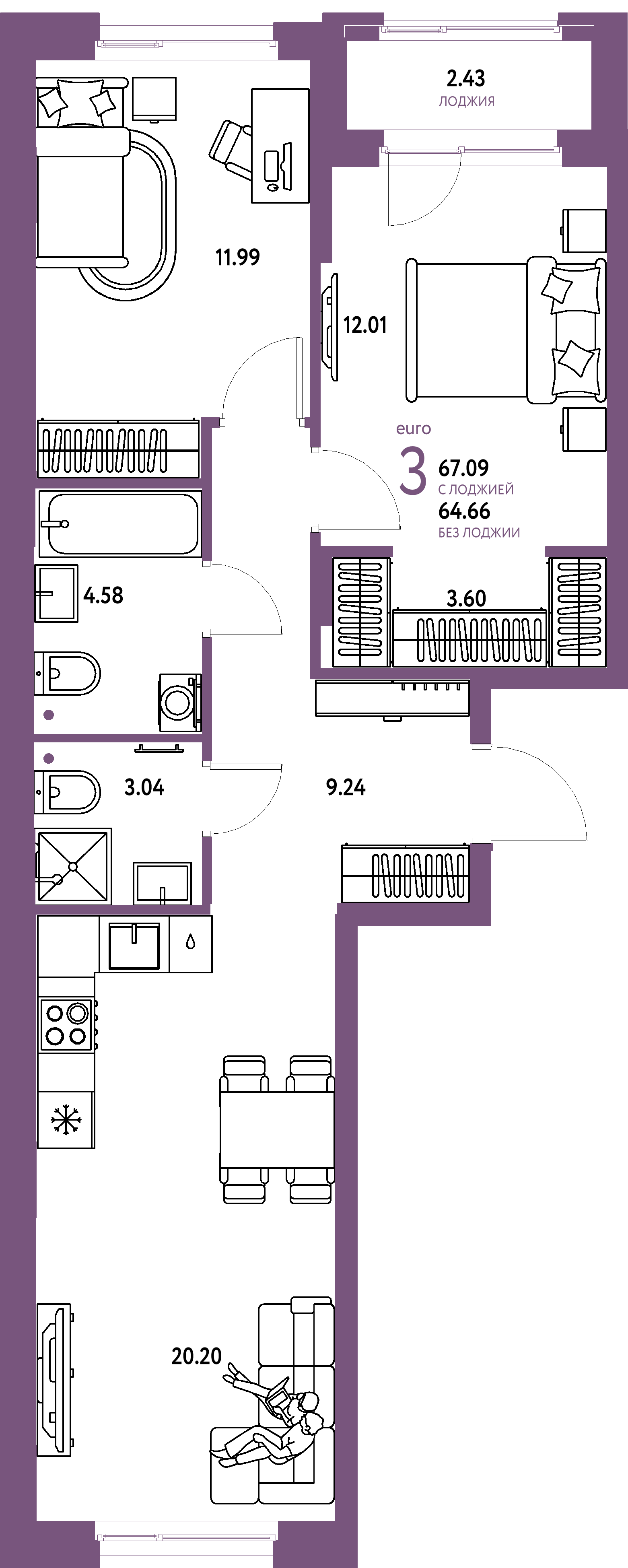 ЖК "Европейский берег 2.0"-3-комнатная 67.09 м²