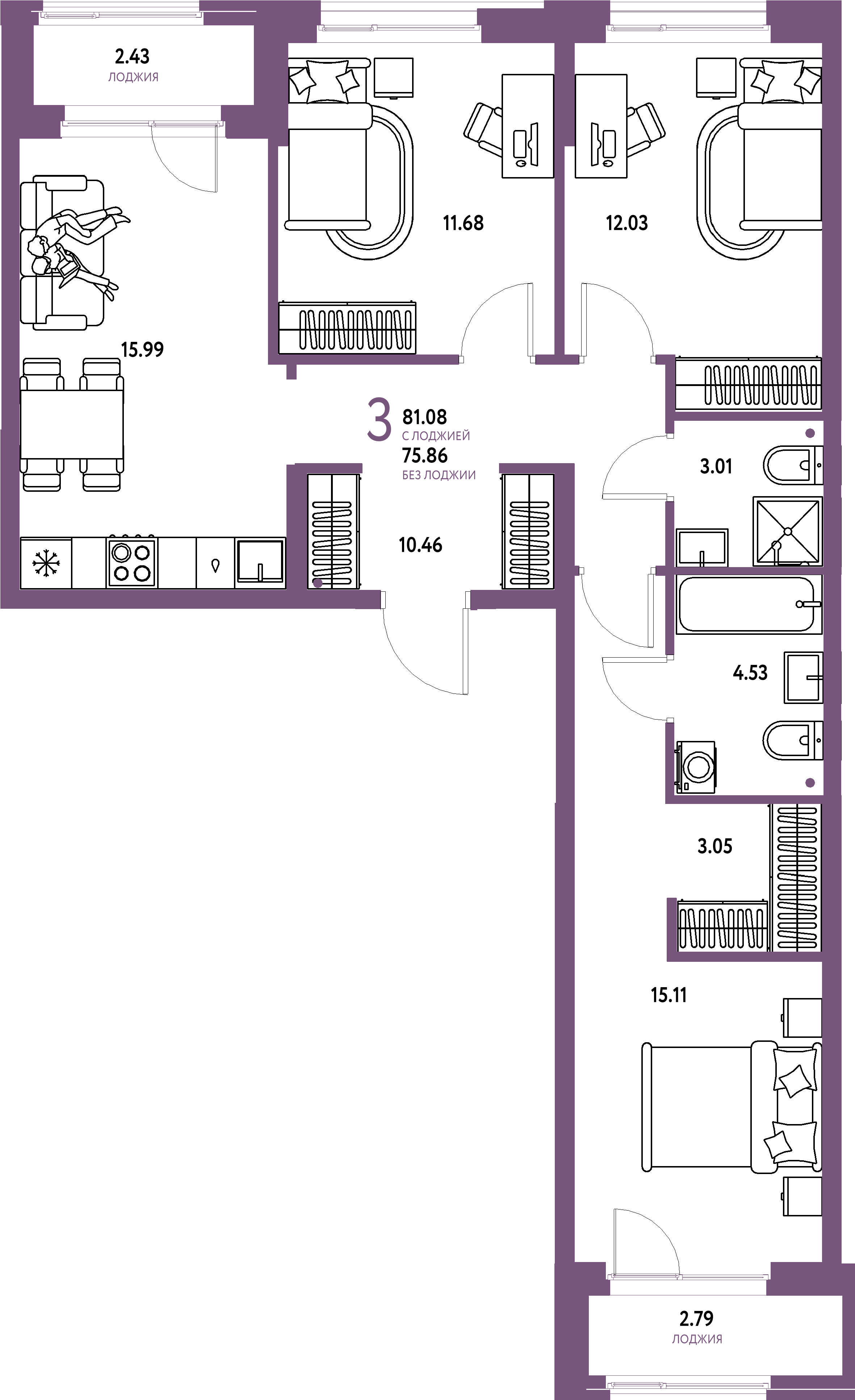 ЖК "Европейский берег 2.0"-3-комнатная 81.08 м²
