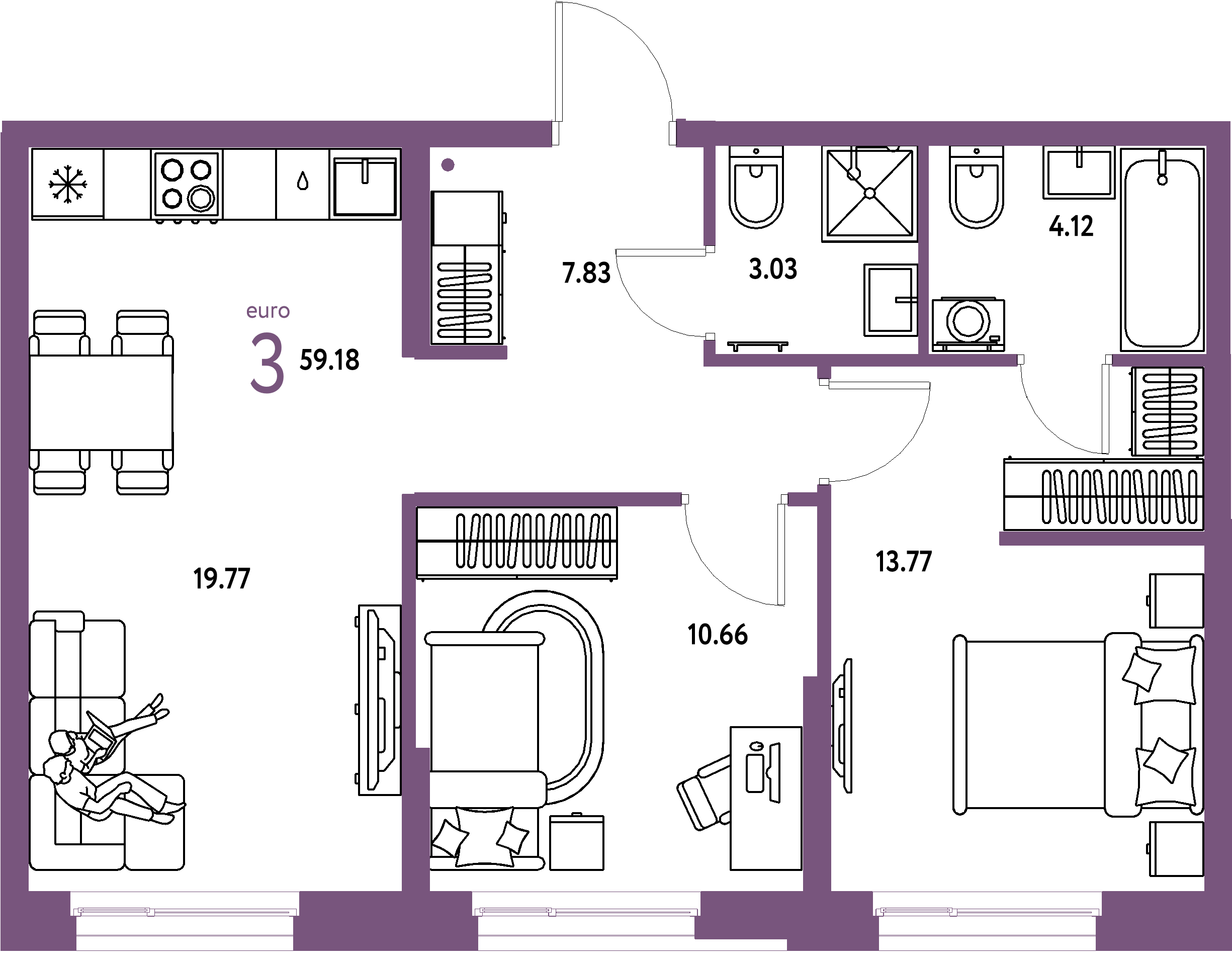ЖК "Европейский берег 2.0"-3-комнатная 59.18 м²