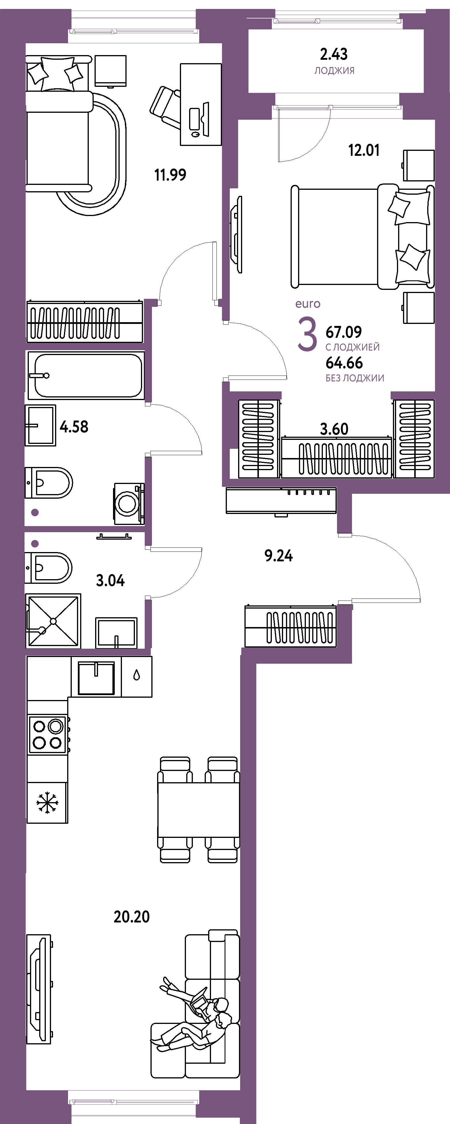 ЖК "Европейский берег 2.0"-3-комнатная 67.09 м²
