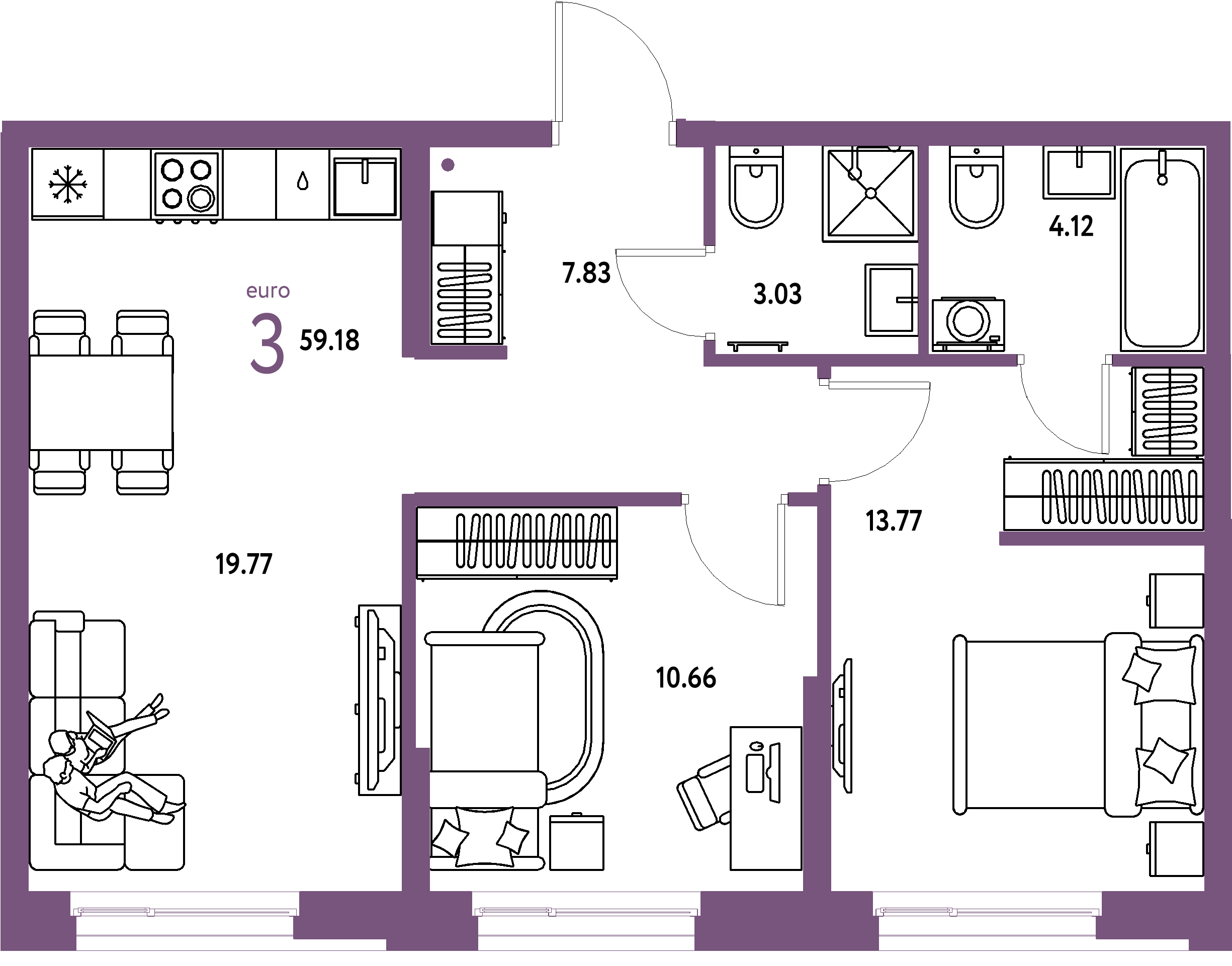 ЖК "Европейский берег 2.0"-3-комнатная 59.18 м²