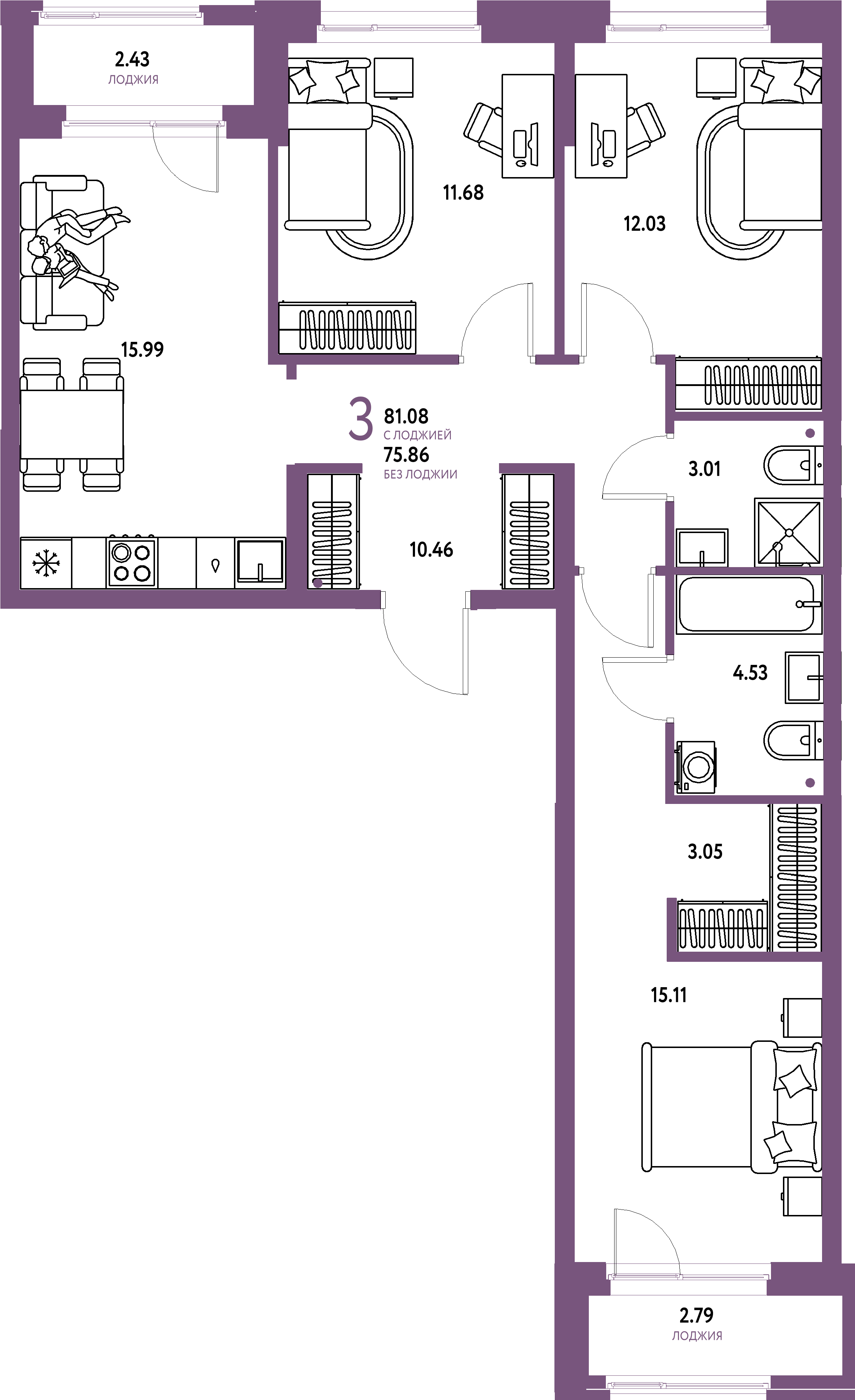 ЖК "Европейский берег 2.0"-3-комнатная 81.08 м²
