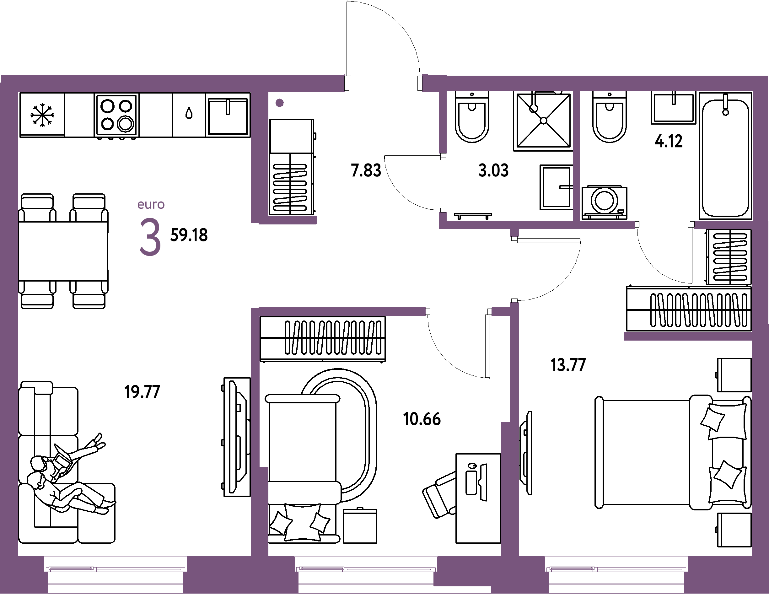ЖК "Европейский берег 2.0"-3-комнатная 59.18 м²