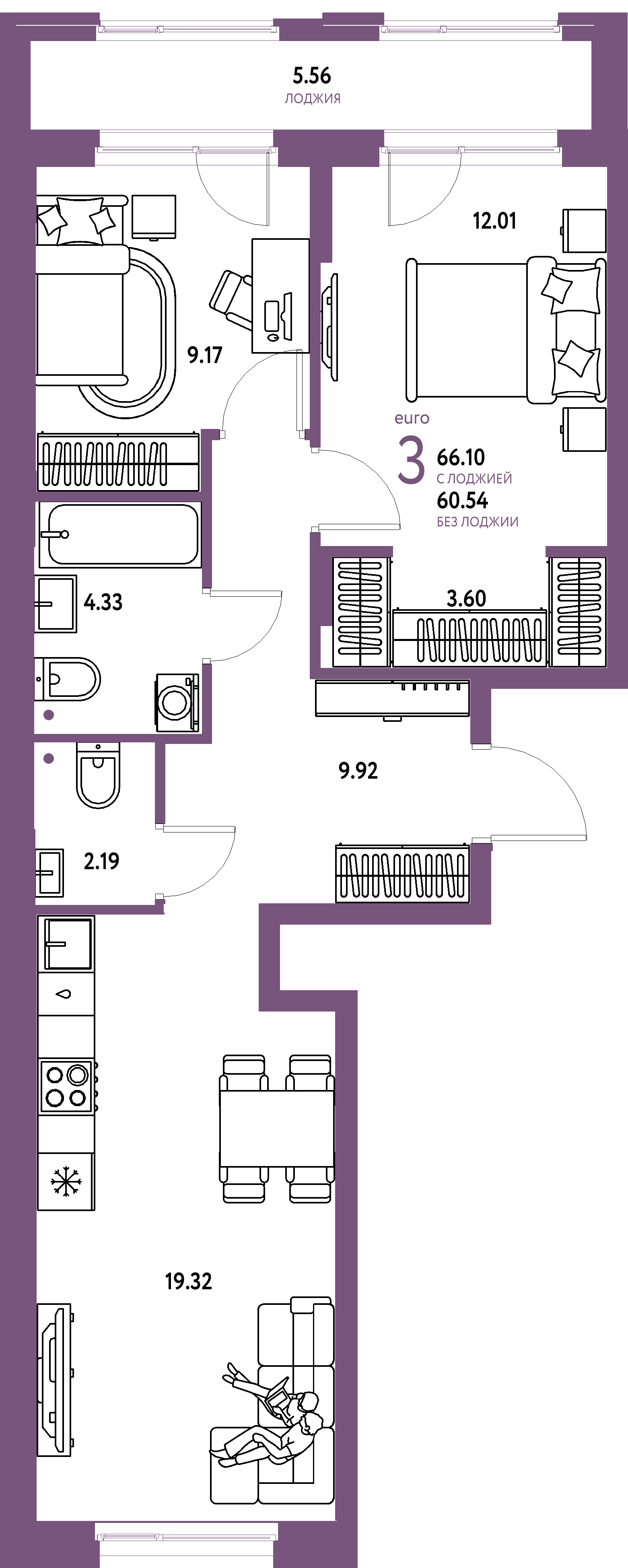ЖК "Европейский берег 2.0"-3-комнатная 66.1 м²