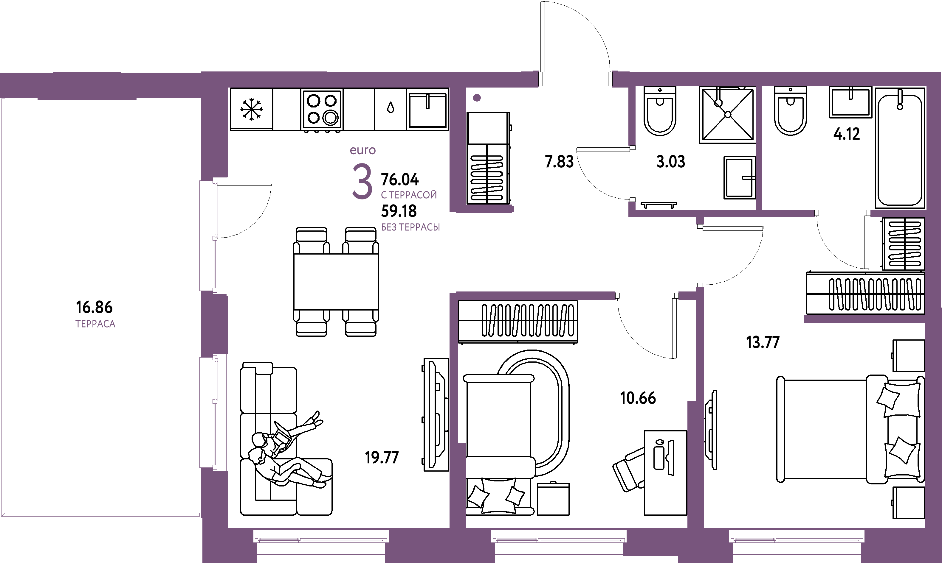 ЖК "Европейский берег 2.0"-3-комнатная 76.04 м²