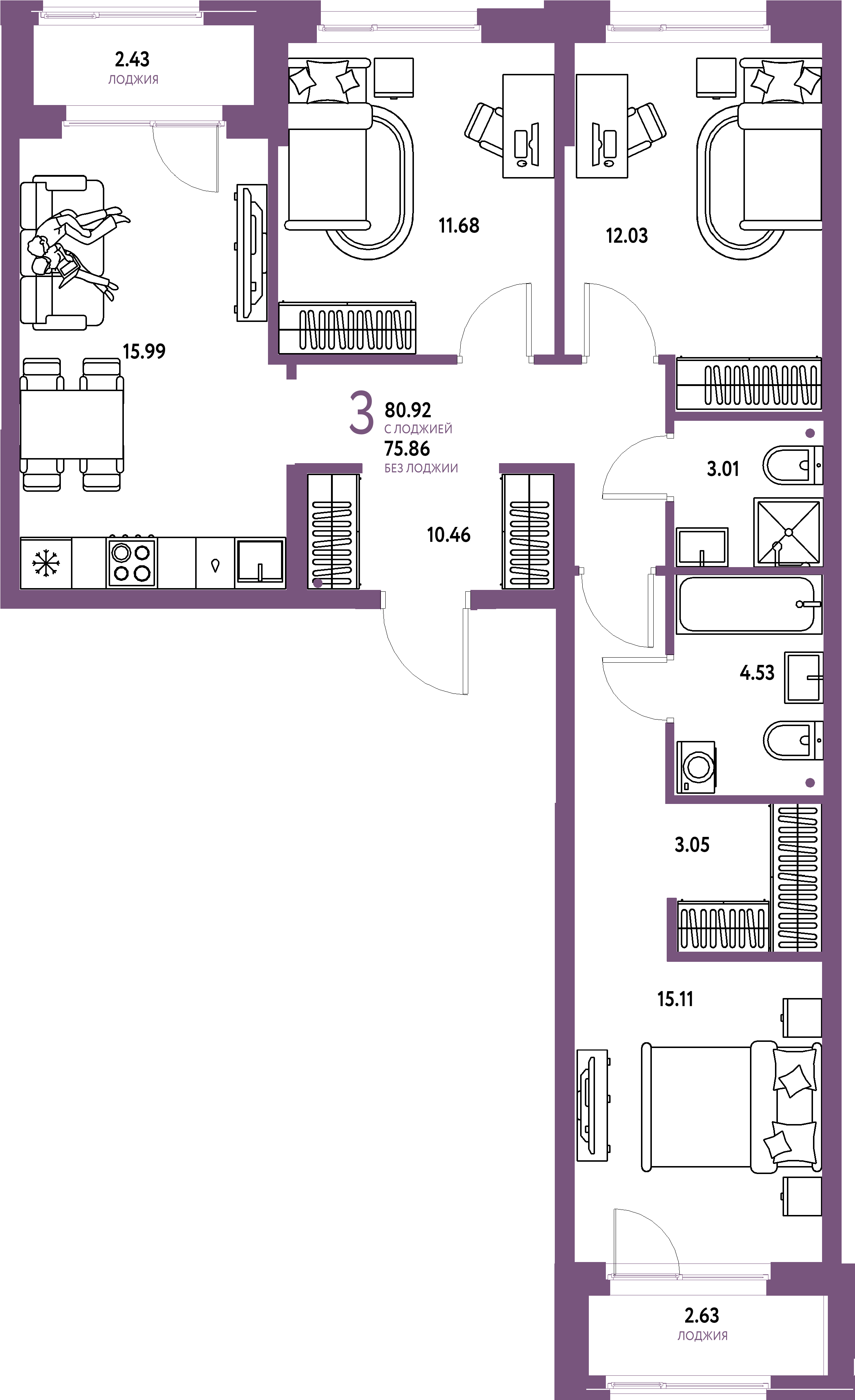 ЖК "Европейский берег 2.0"-3-комнатная 80.92 м²