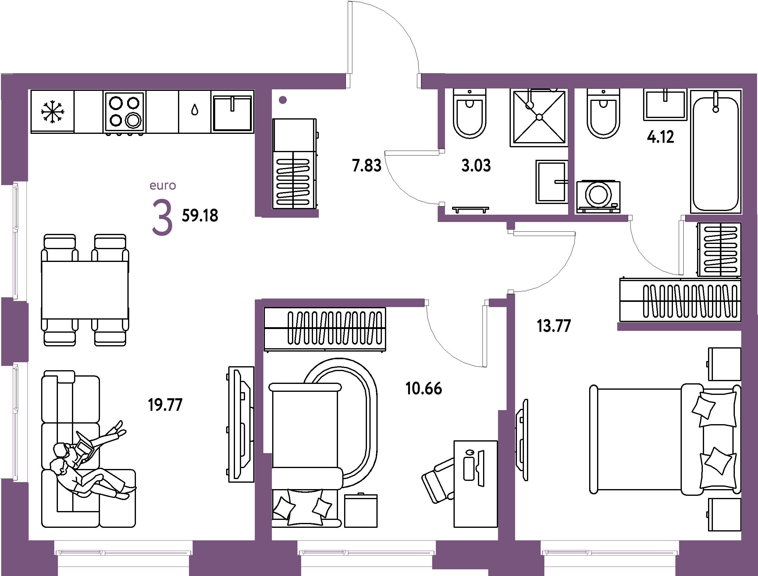 ЖК "Европейский берег 2.0"-3-комнатная 59.18 м²