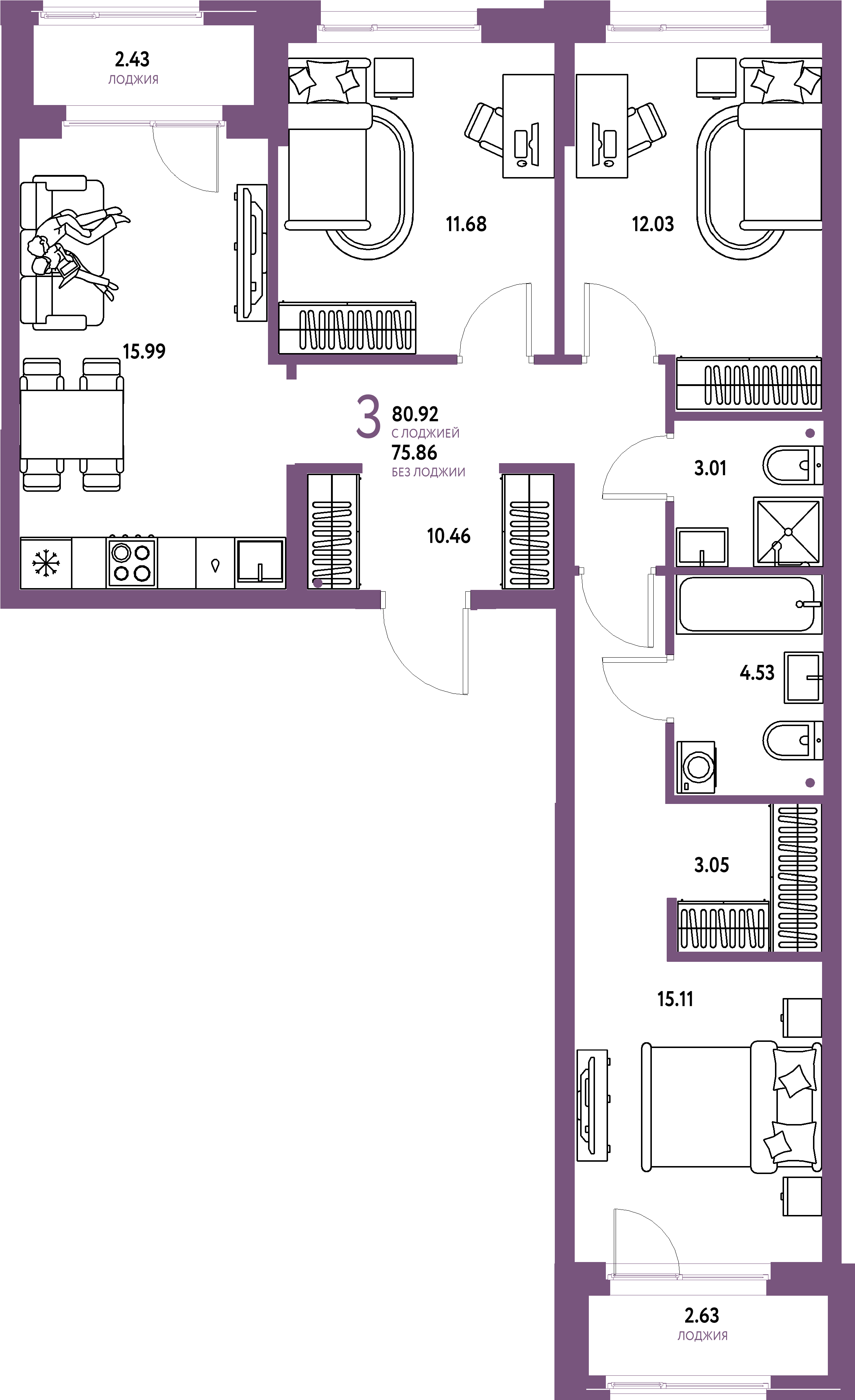 ЖК "Европейский берег 2.0"-3-комнатная 80.92 м²