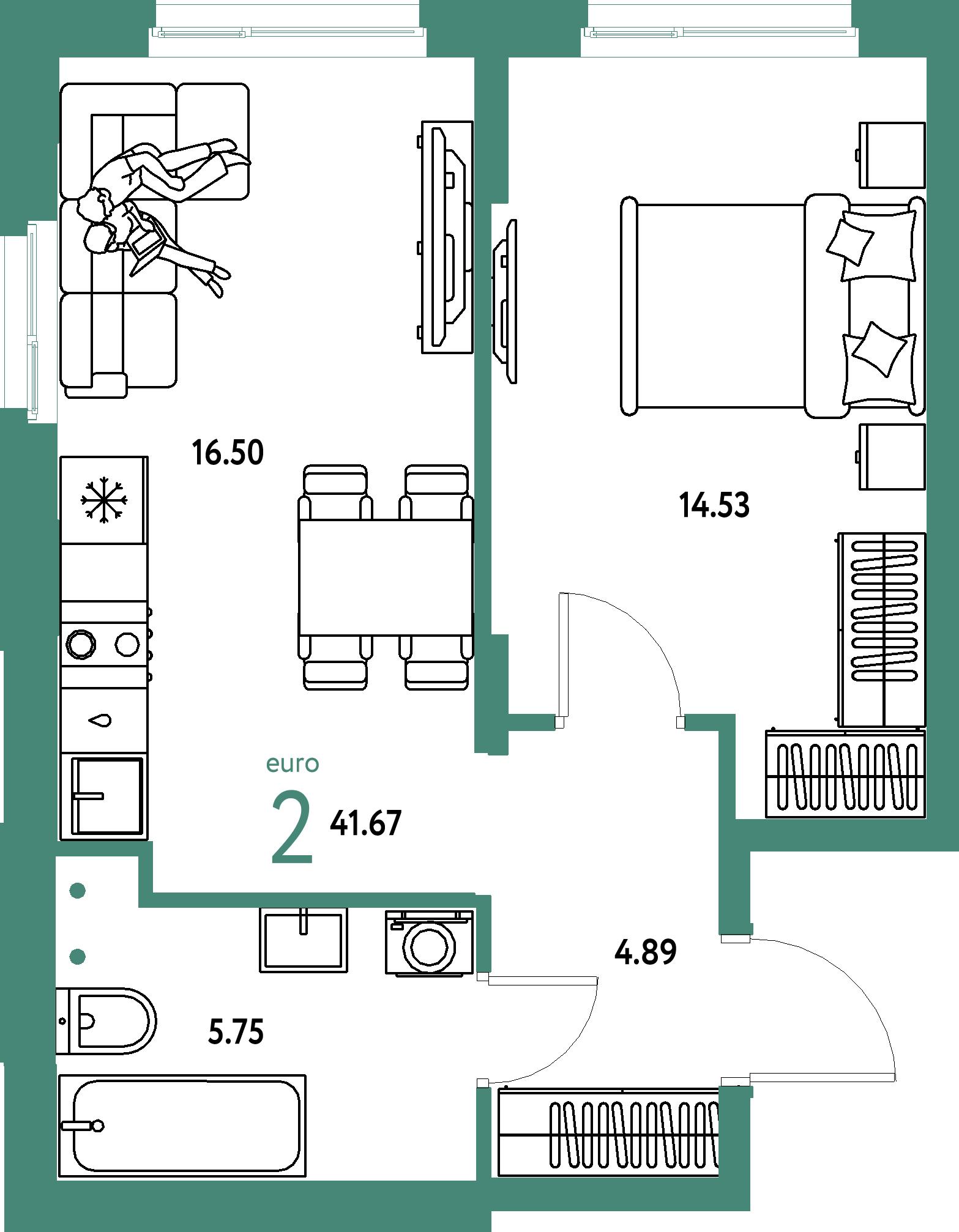 ЖК "Европейский берег 2.0"-2-комнатная 41.67 м²