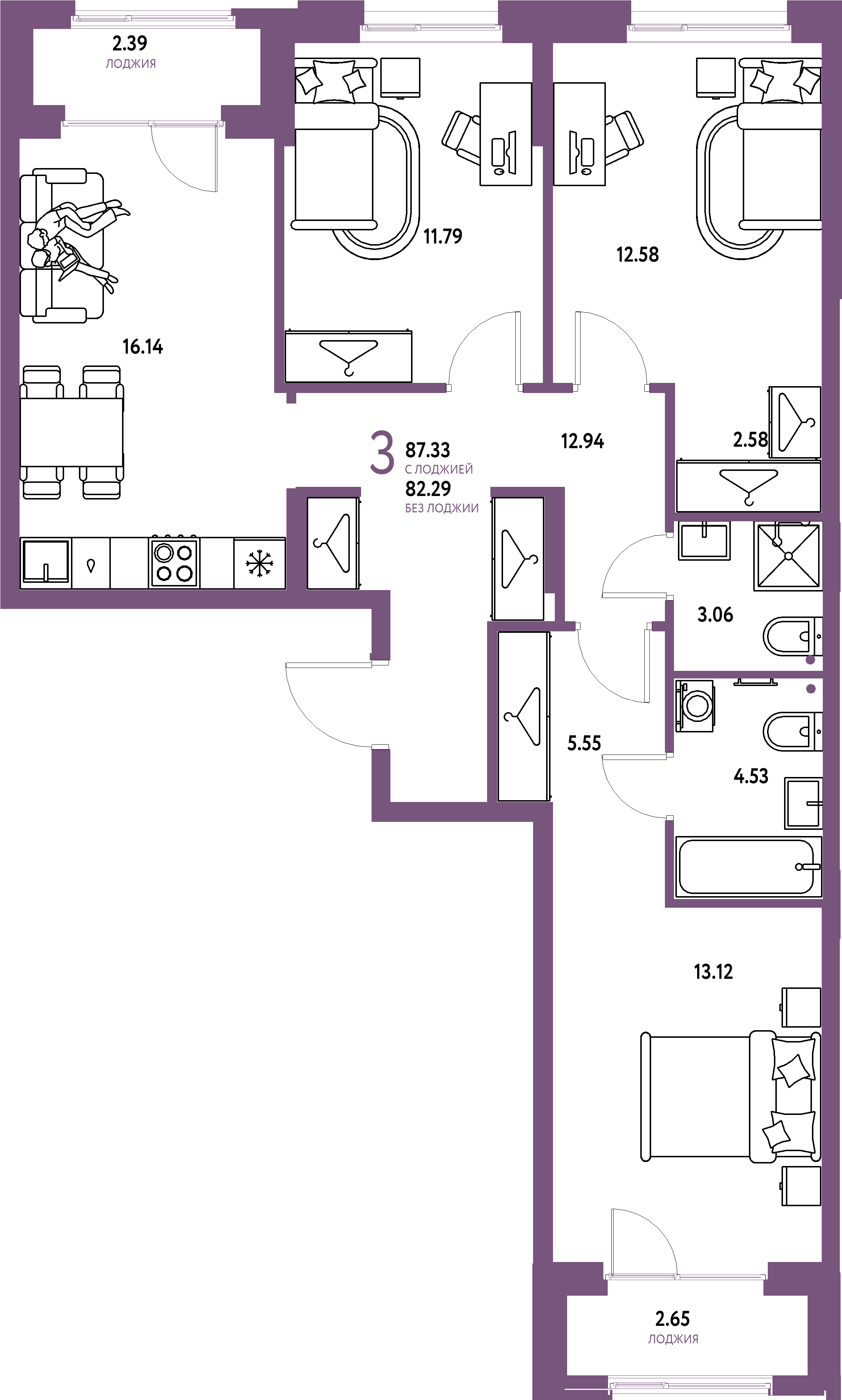 ЖК "Европейский берег 2.0"-3-комнатная 87.33 м²