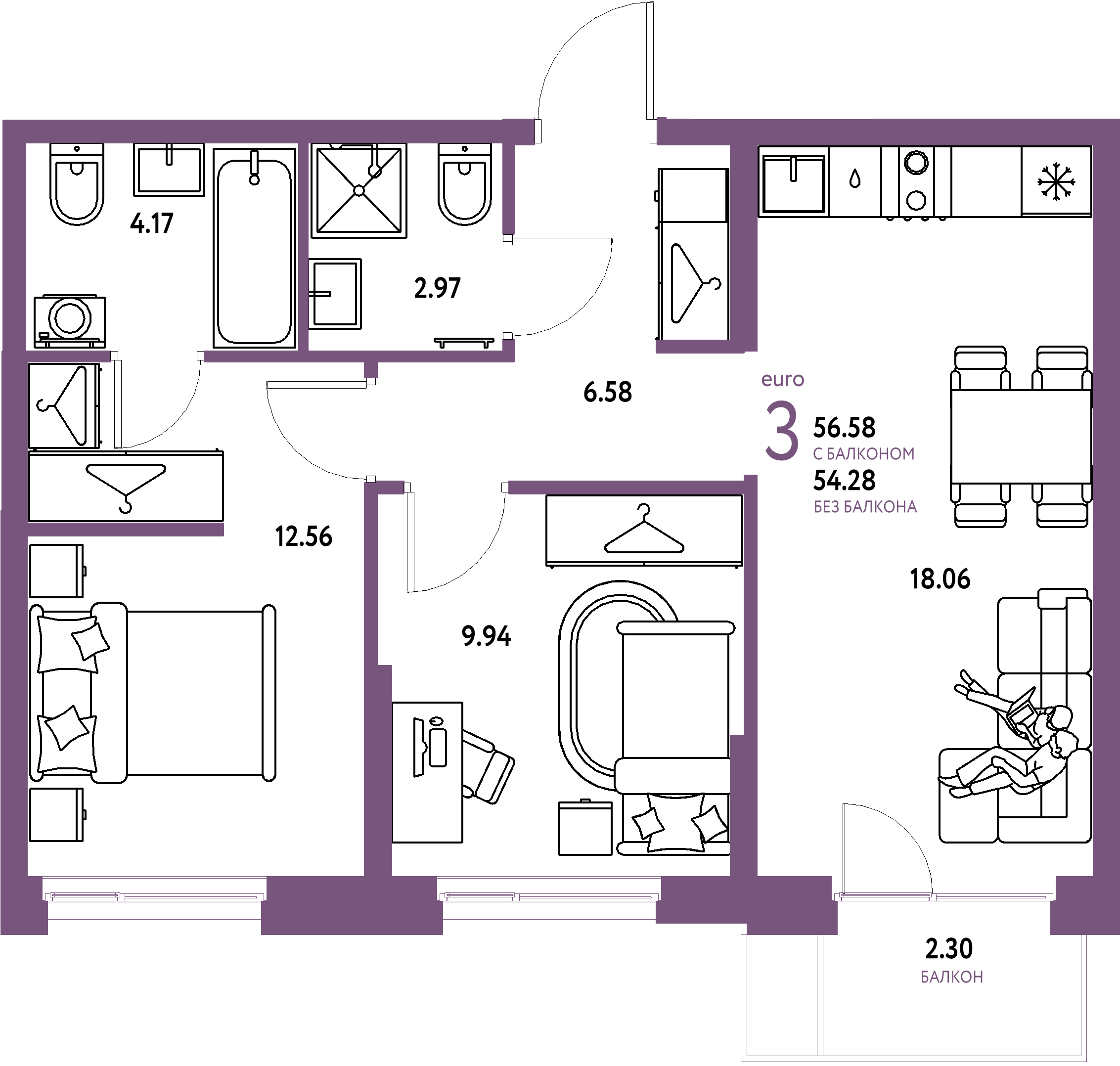 ЖК "Европейский берег 2.0"-3-комнатная 56.58 м²
