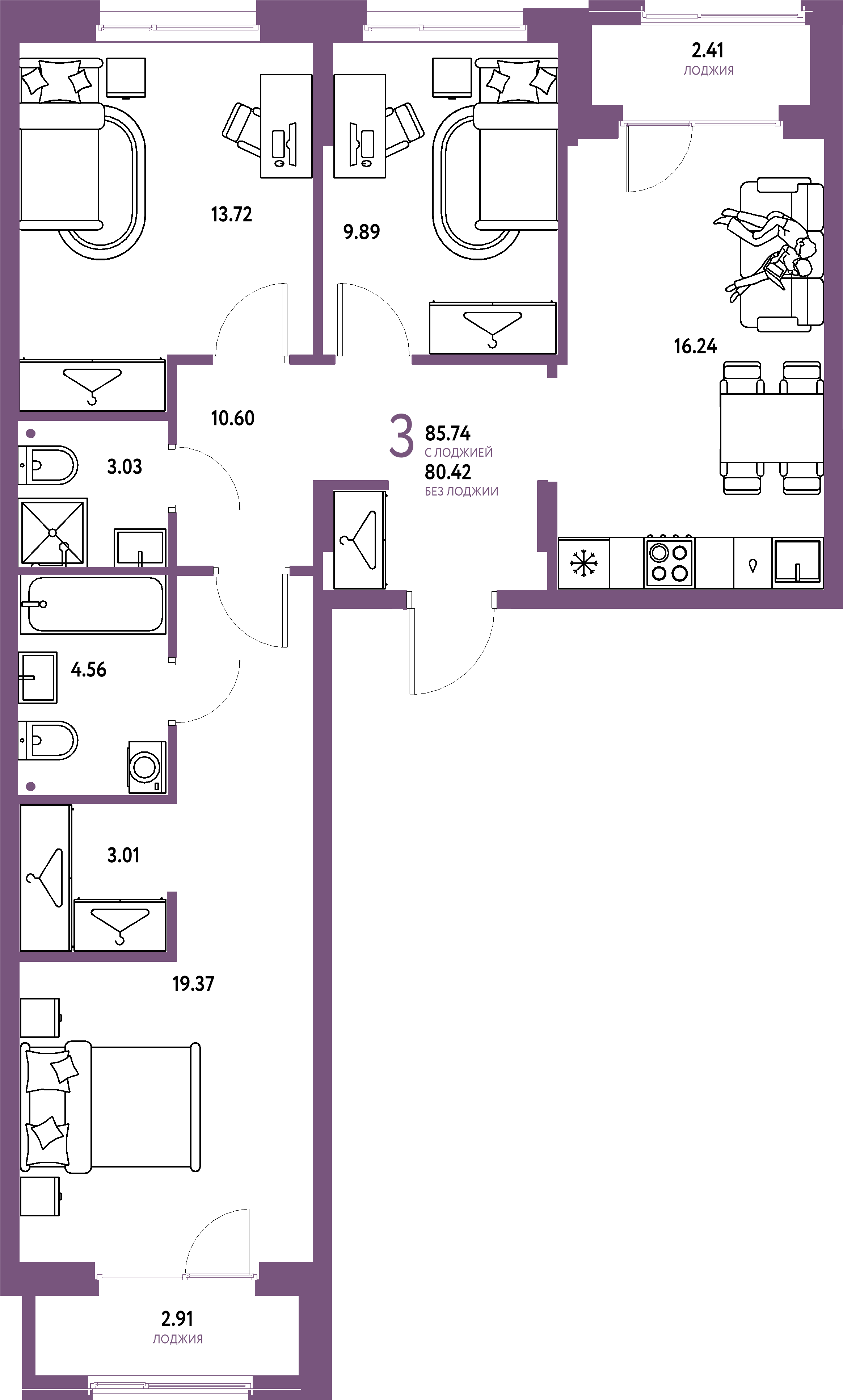 ЖК "Европейский берег 2.0"-3-комнатная 85.74 м²
