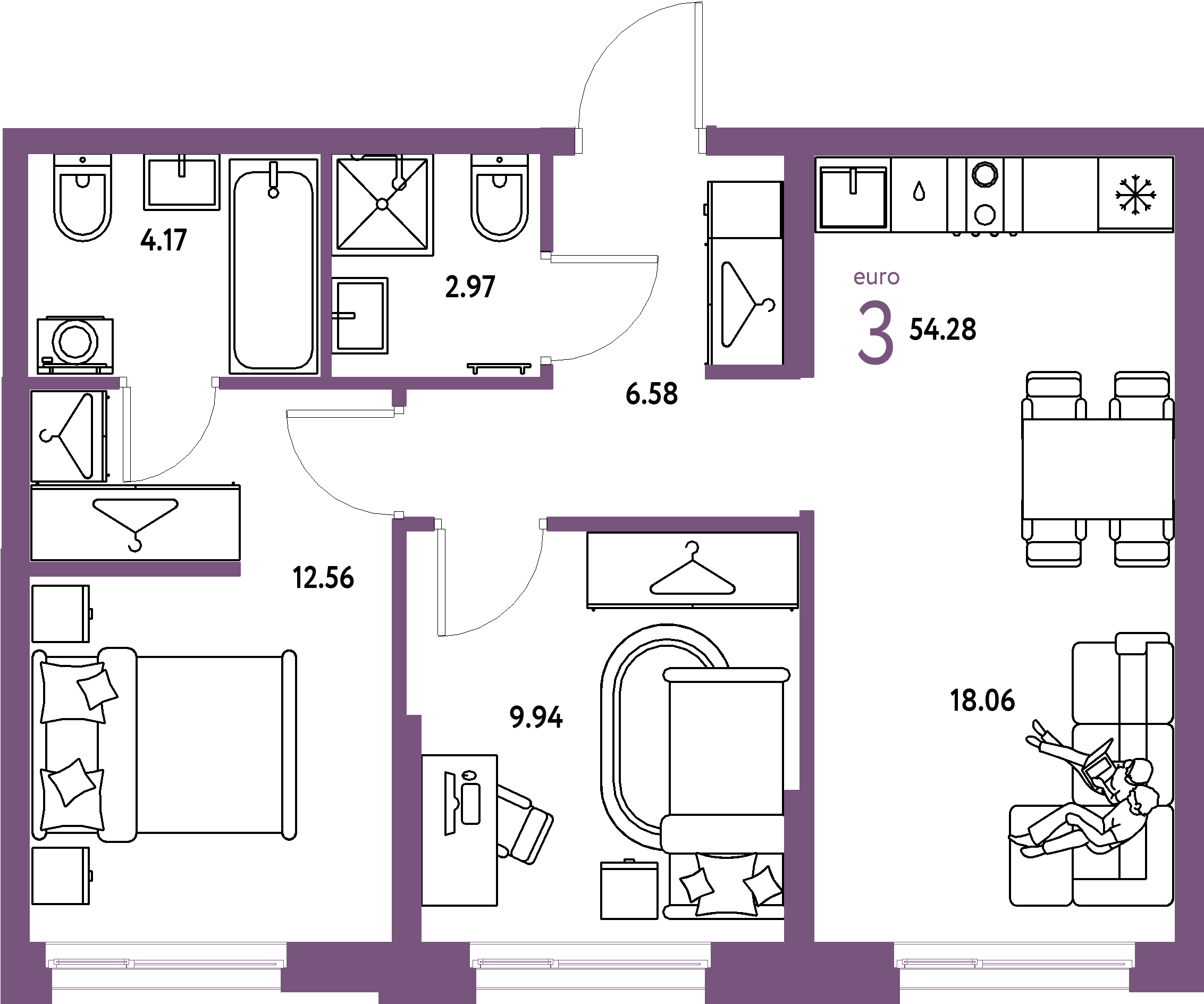 ЖК "Европейский берег 2.0"-3-комнатная 54.28 м²