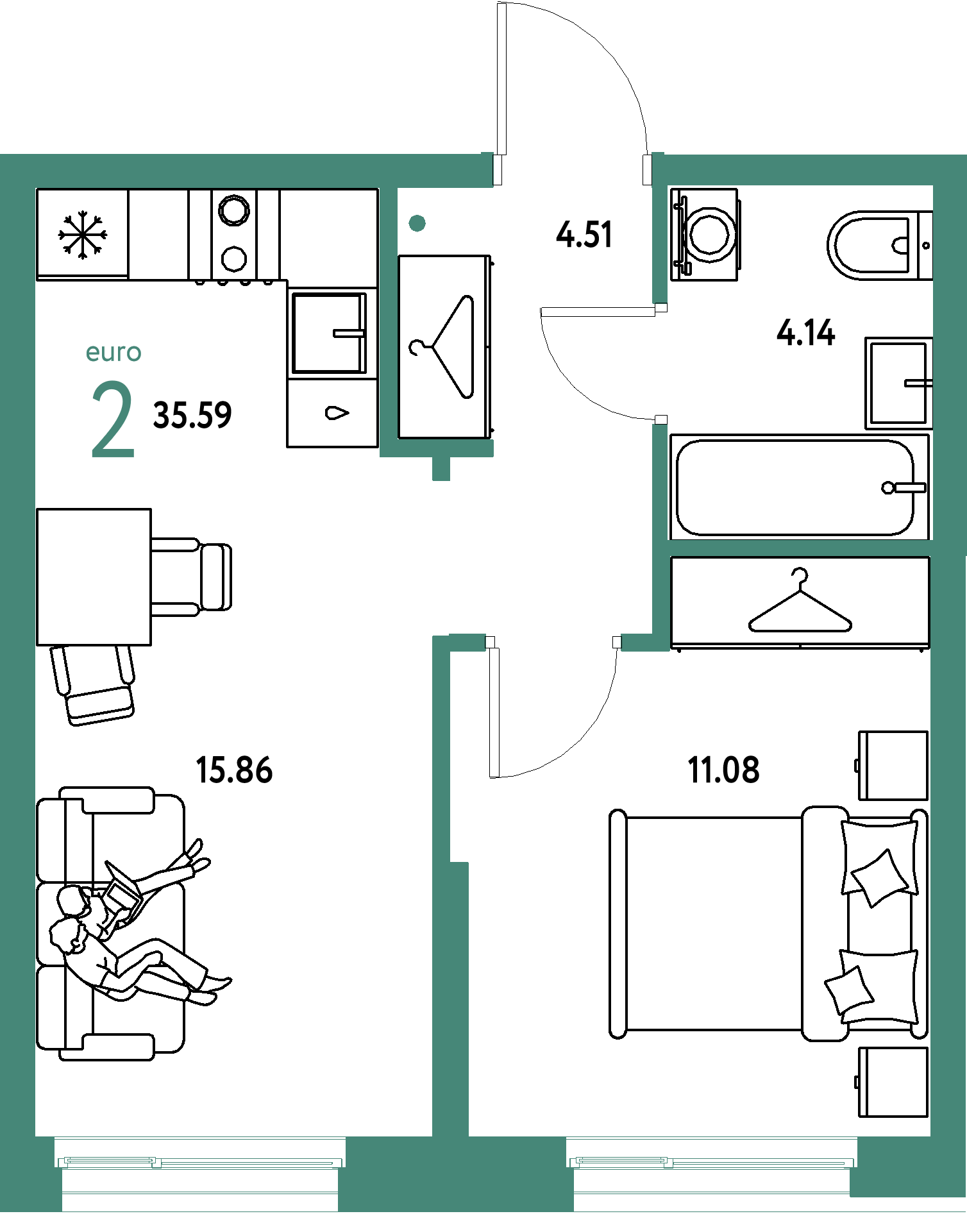 ЖК "Европейский берег 2.0"-2-комнатная 35.59 м²