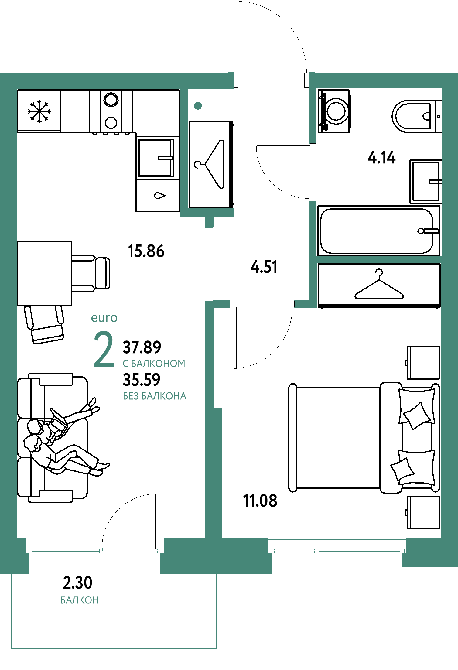 ЖК "Европейский берег 2.0"-2-комнатная 37.89 м²