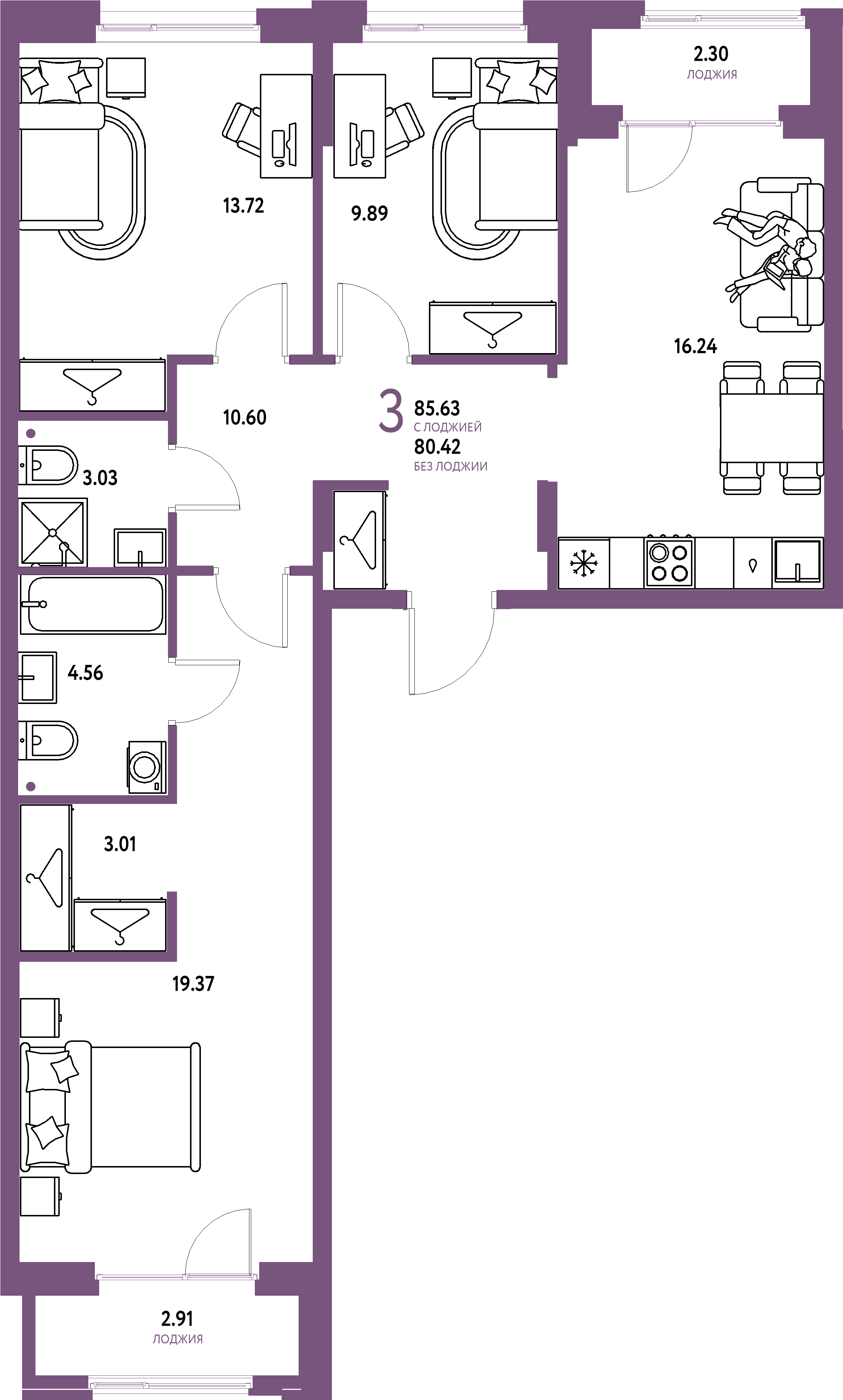 ЖК "Европейский берег 2.0"-3-комнатная 85.63 м²