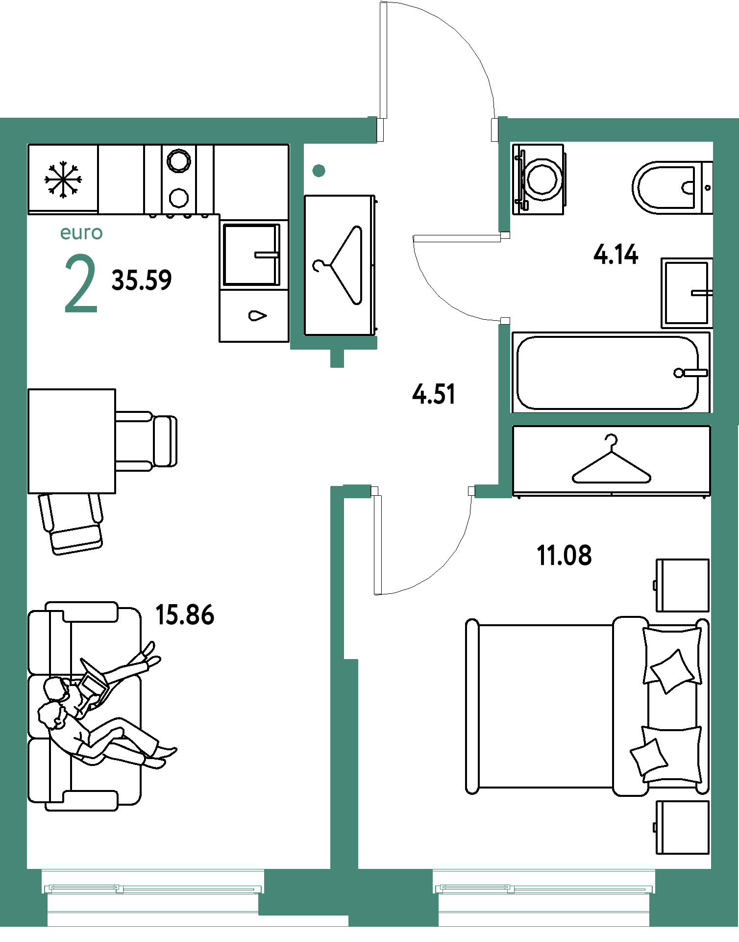 ЖК "Европейский берег 2.0"-2-комнатная 35.59 м²