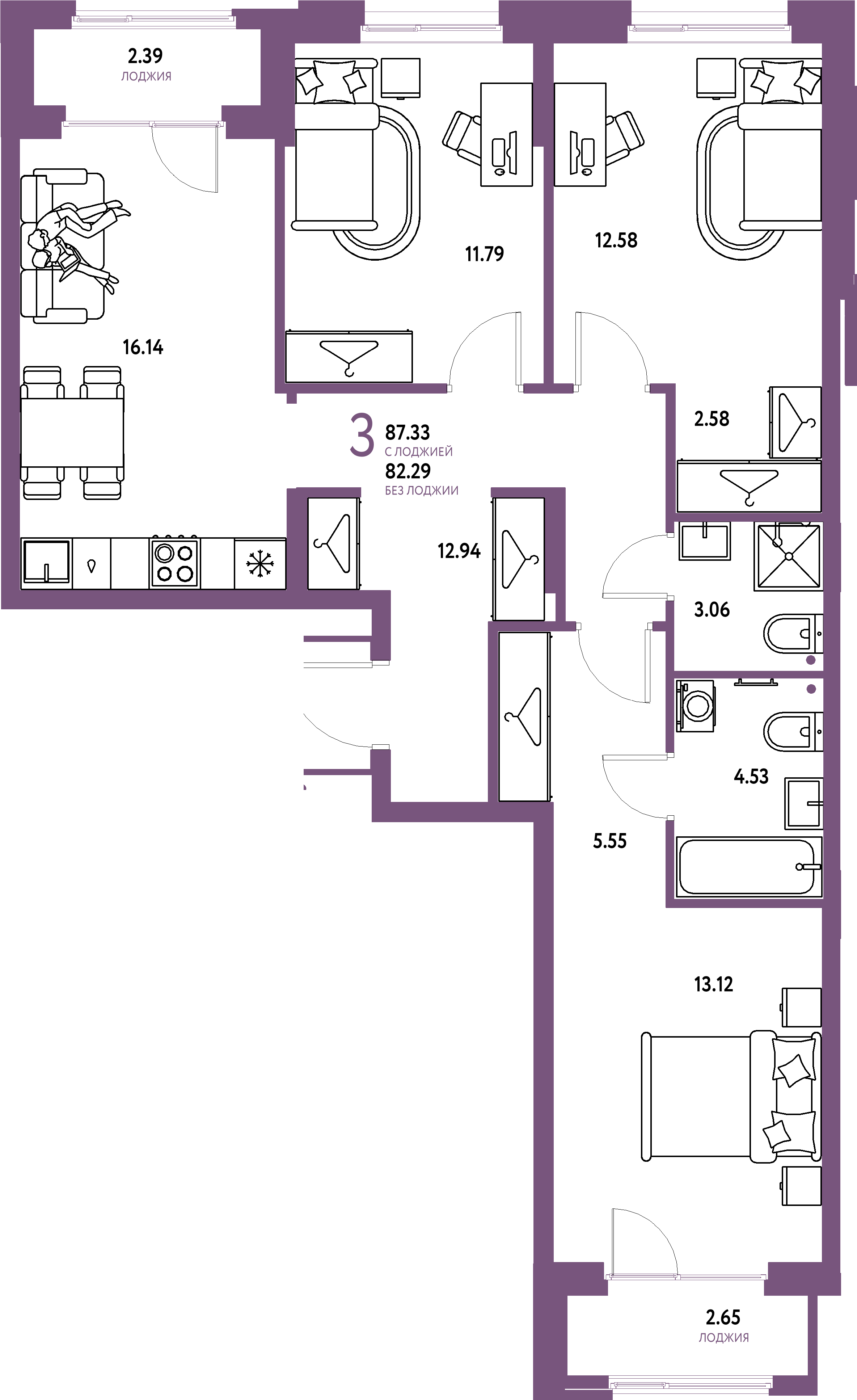 ЖК "Европейский берег 2.0"-3-комнатная 87.33 м²