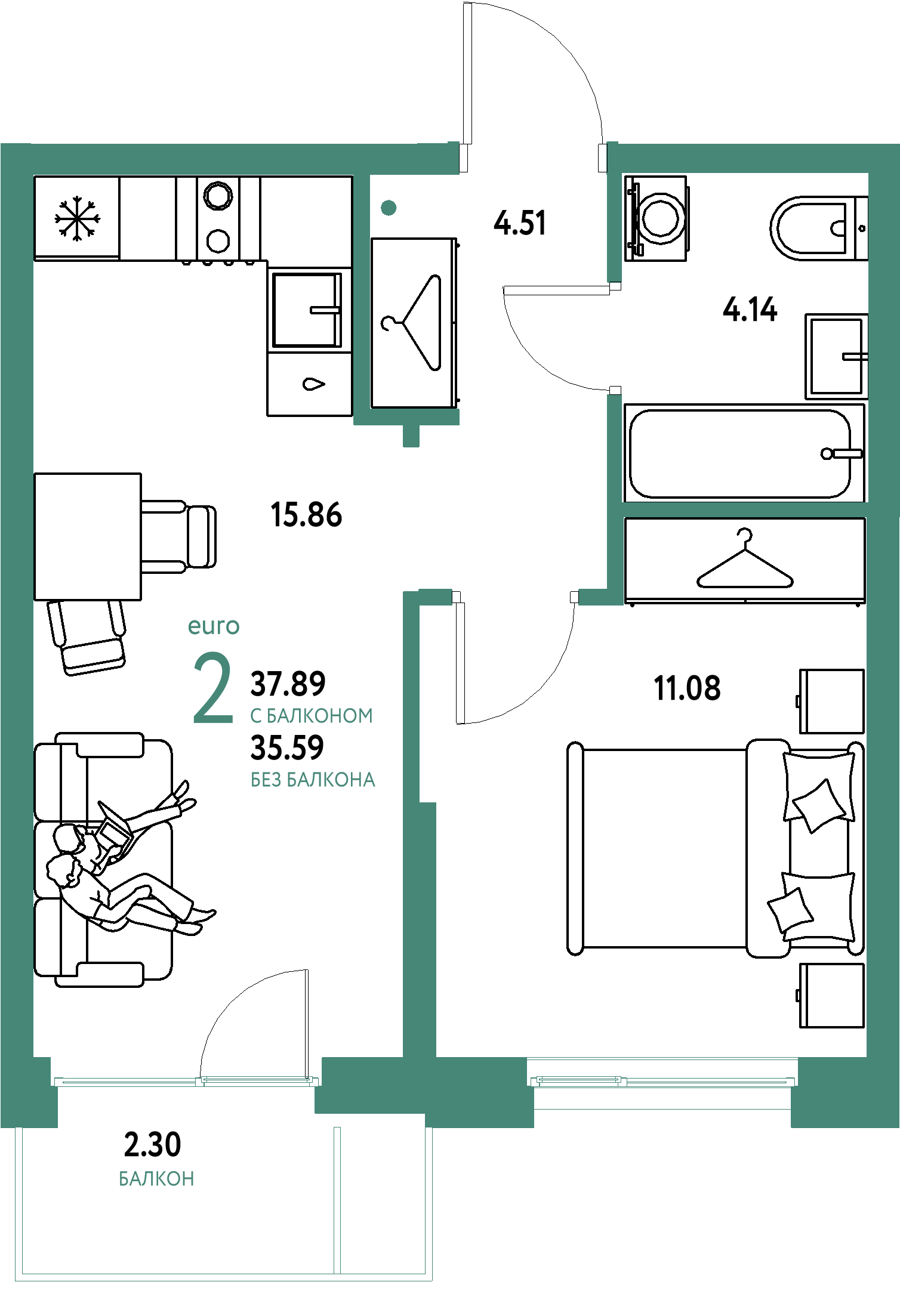ЖК "Европейский берег 2.0"-2-комнатная 37.89 м²