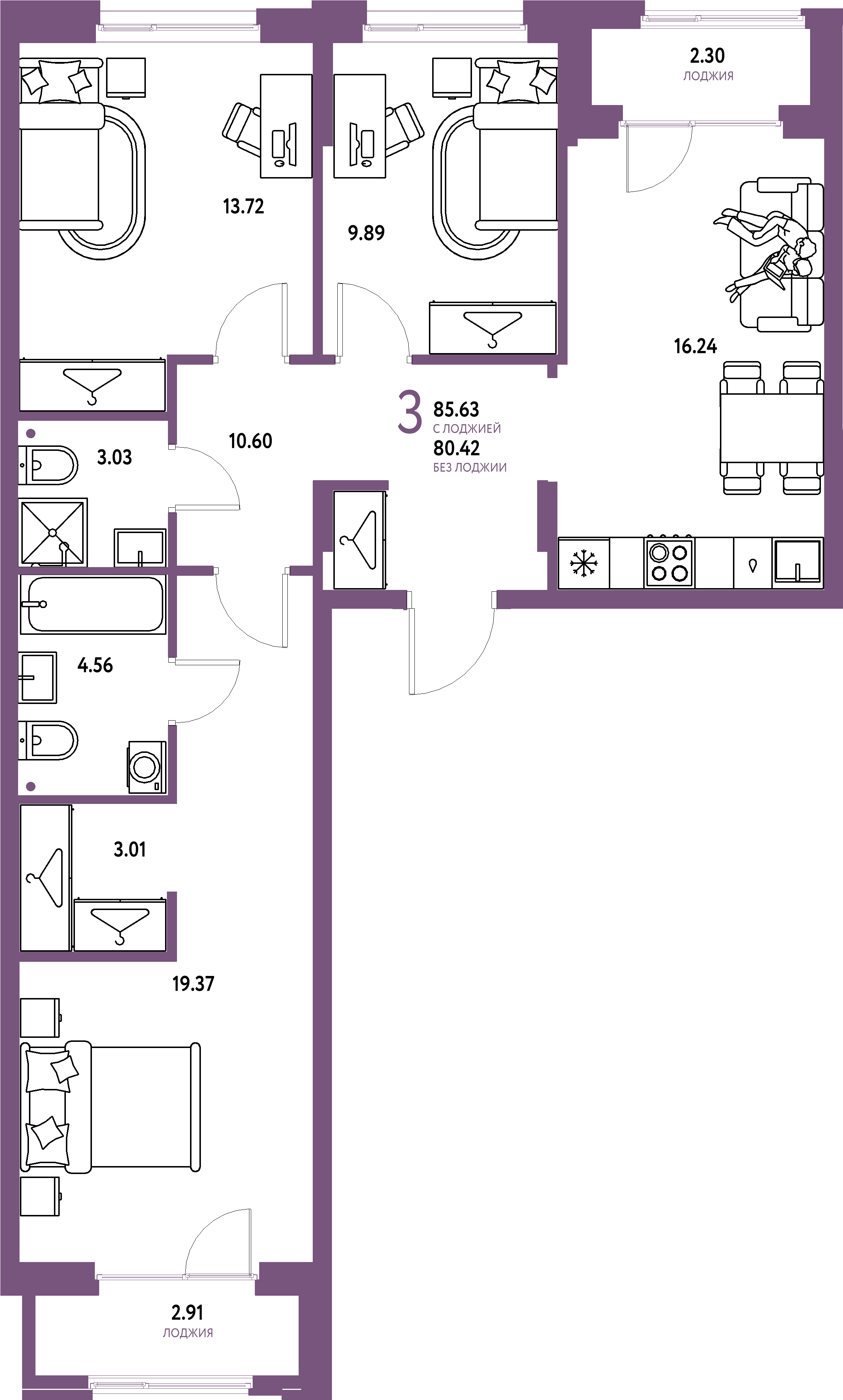 ЖК "Европейский берег 2.0"-3-комнатная 85.63 м²