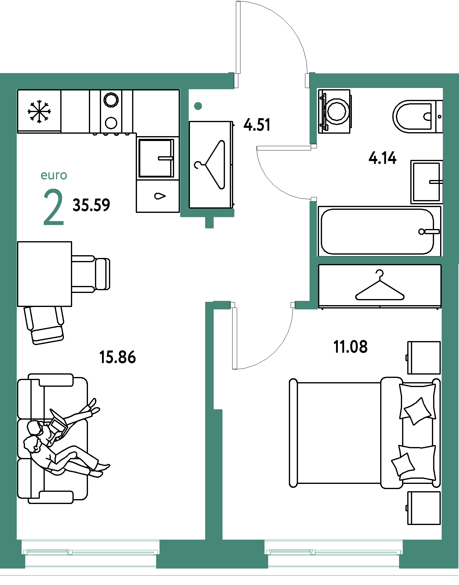 ЖК "Европейский берег 2.0"-2-комнатная 35.59 м²