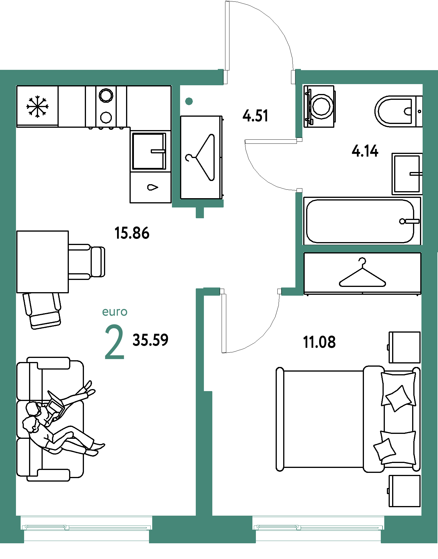ЖК "Европейский берег 2.0"-2-комнатная 35.59 м²