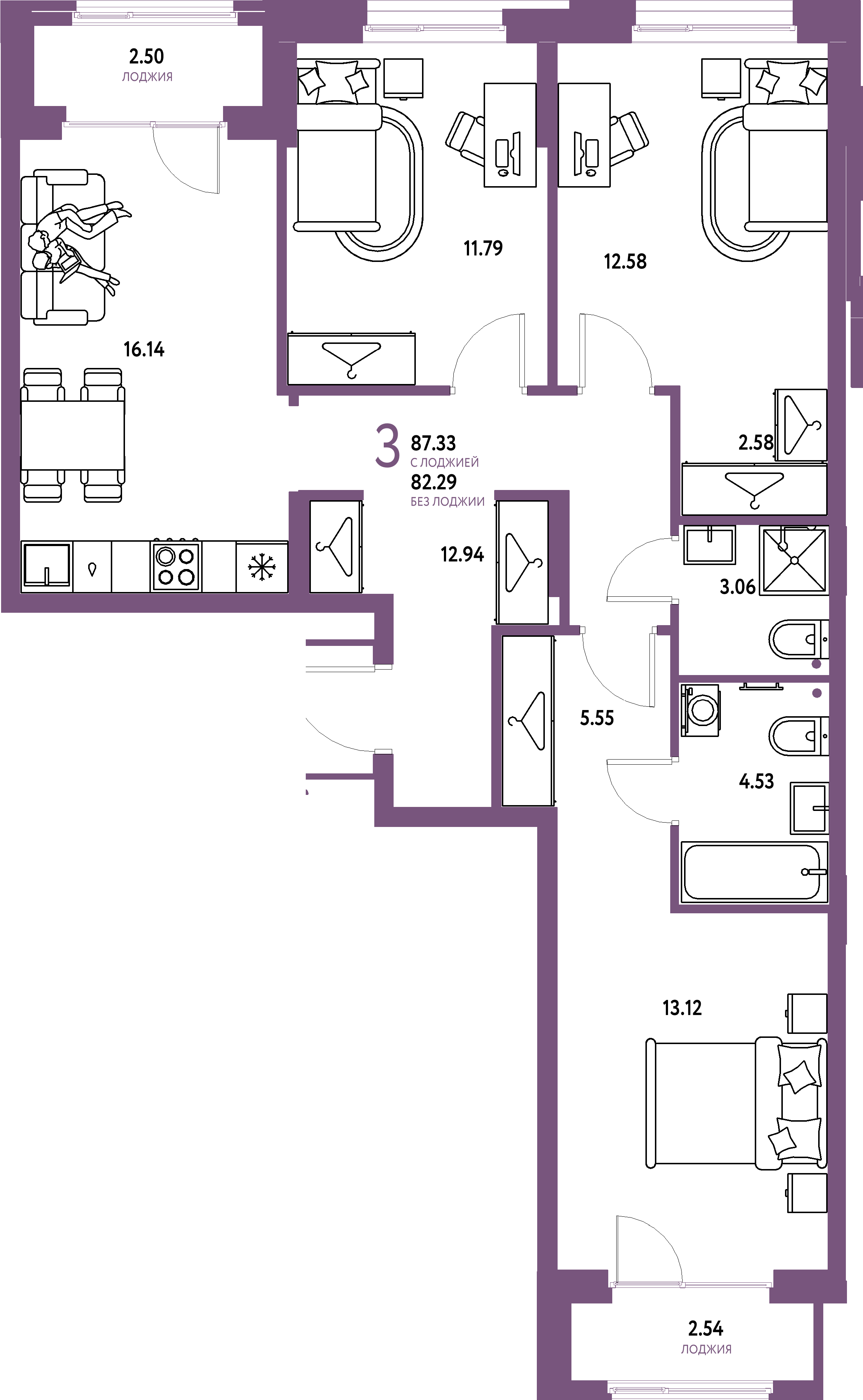 ЖК "Европейский берег 2.0"-3-комнатная 87.33 м²