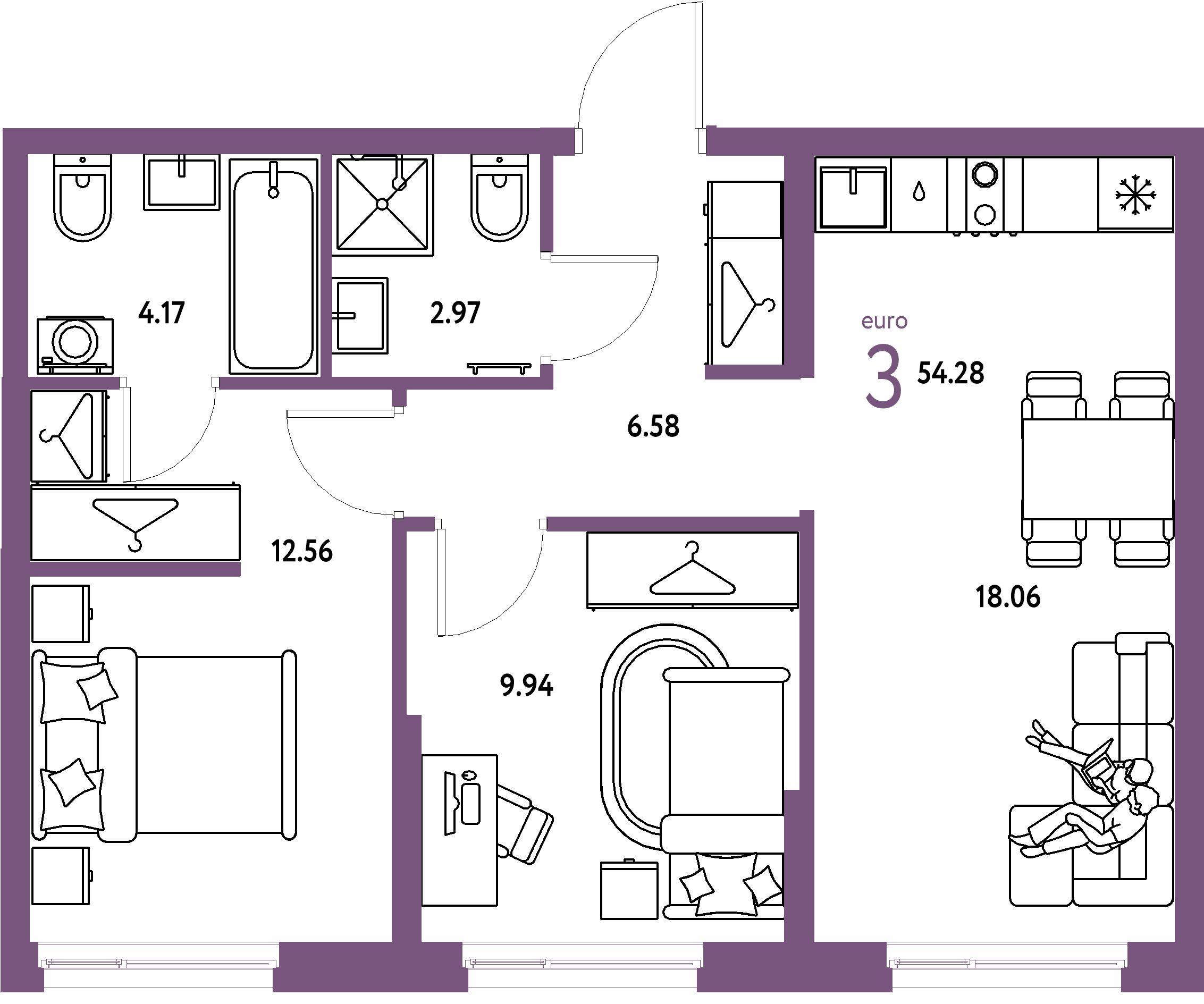 ЖК "Европейский берег 2.0"-3-комнатная 54.28 м²