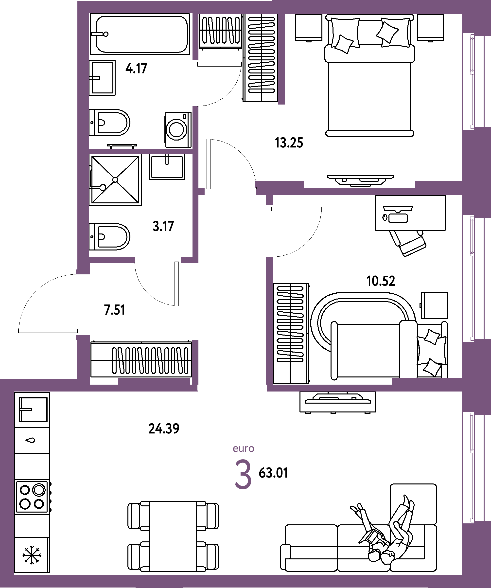 ЖК "Европейский берег 2.0"-3-комнатная 63.01 м²