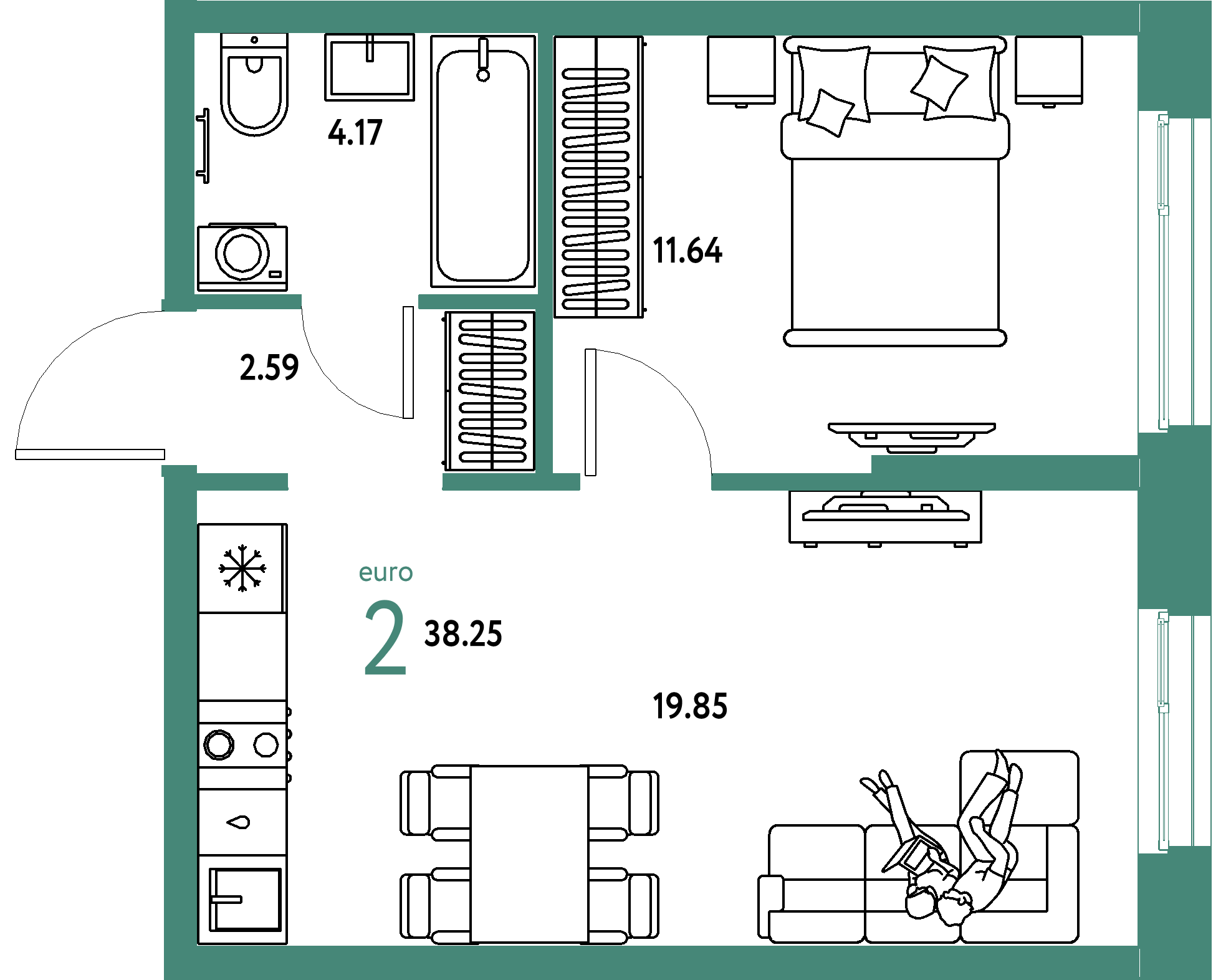ЖК "Европейский берег 2.0"-2-комнатная 38.25 м²