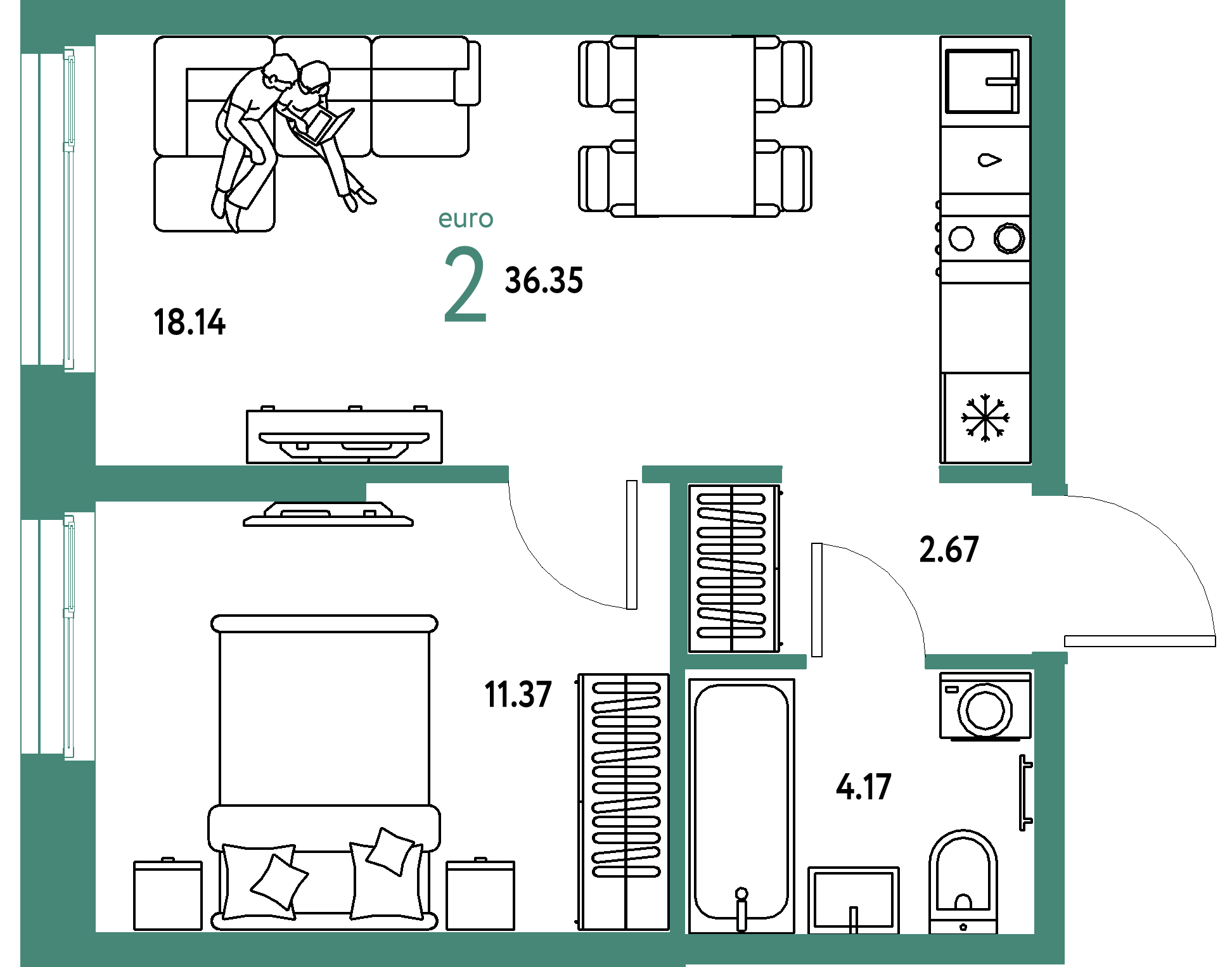 ЖК "Европейский берег 2.0"-2-комнатная 36.35 м²