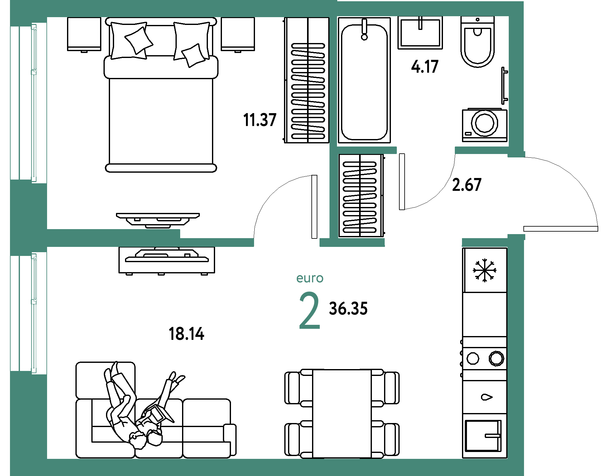 ЖК "Европейский берег 2.0"-2-комнатная 36.35 м²