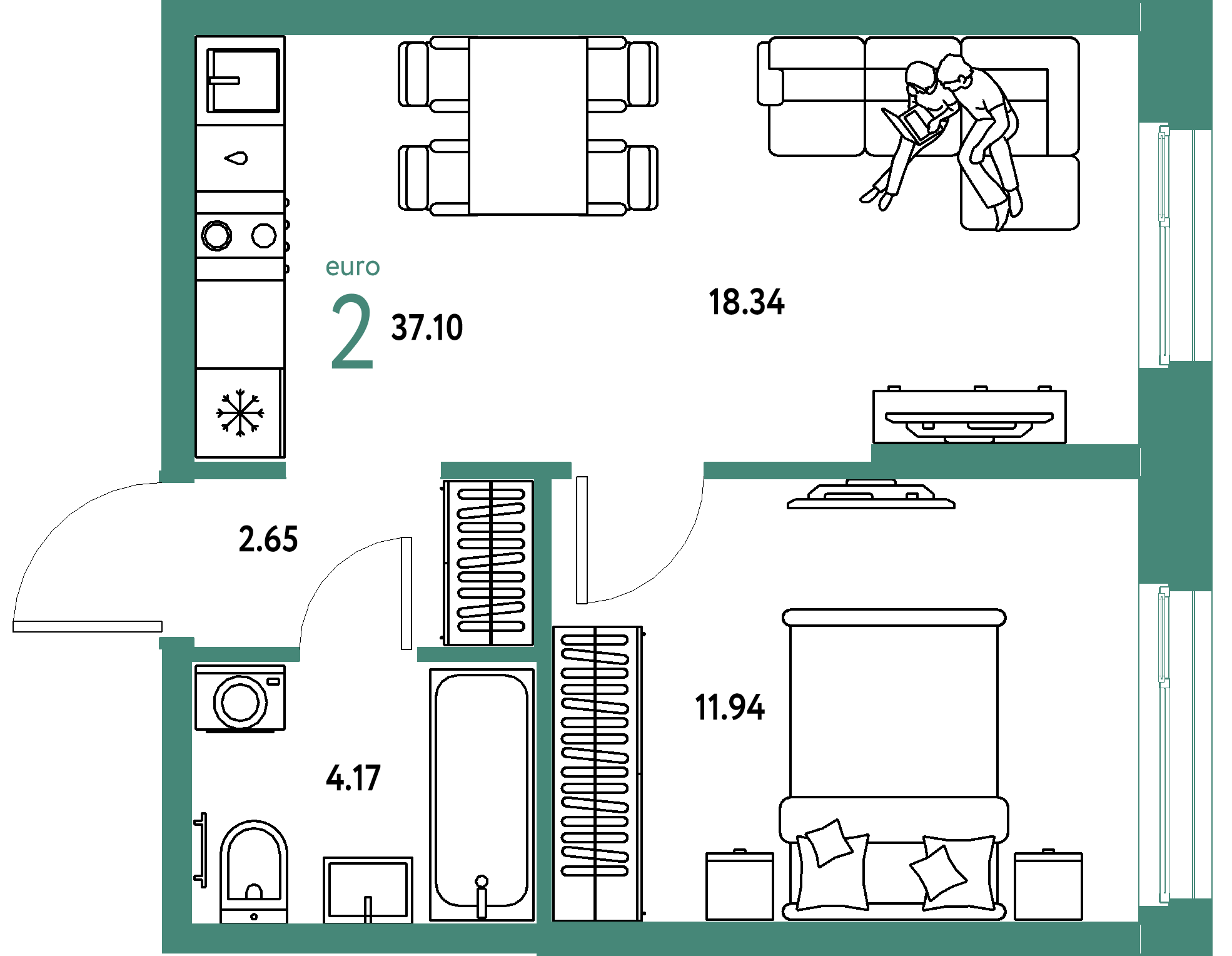 ЖК "Европейский берег 2.0"-2-комнатная 37.1 м²