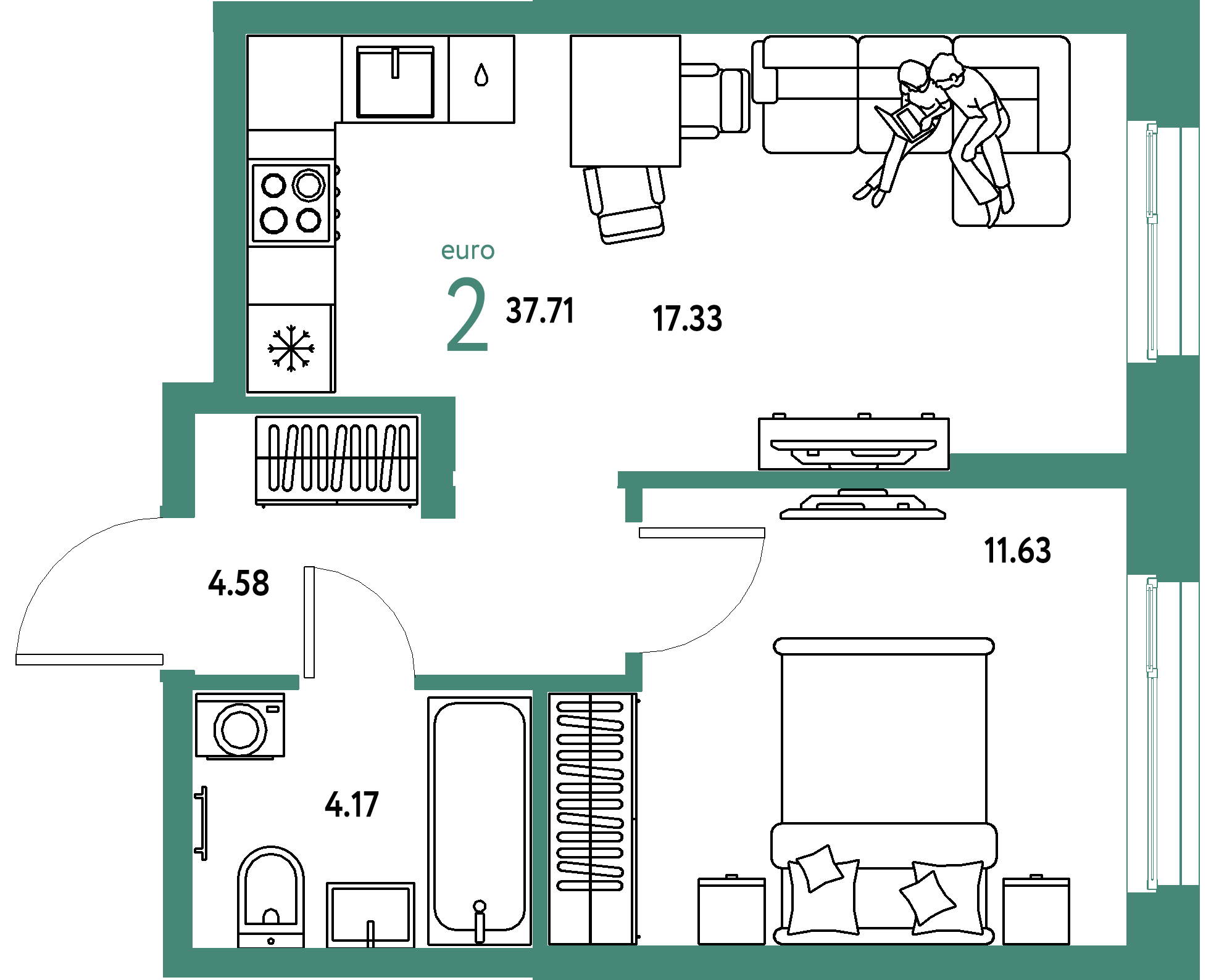 ЖК "Европейский берег 2.0"-2-комнатная 37.71 м²