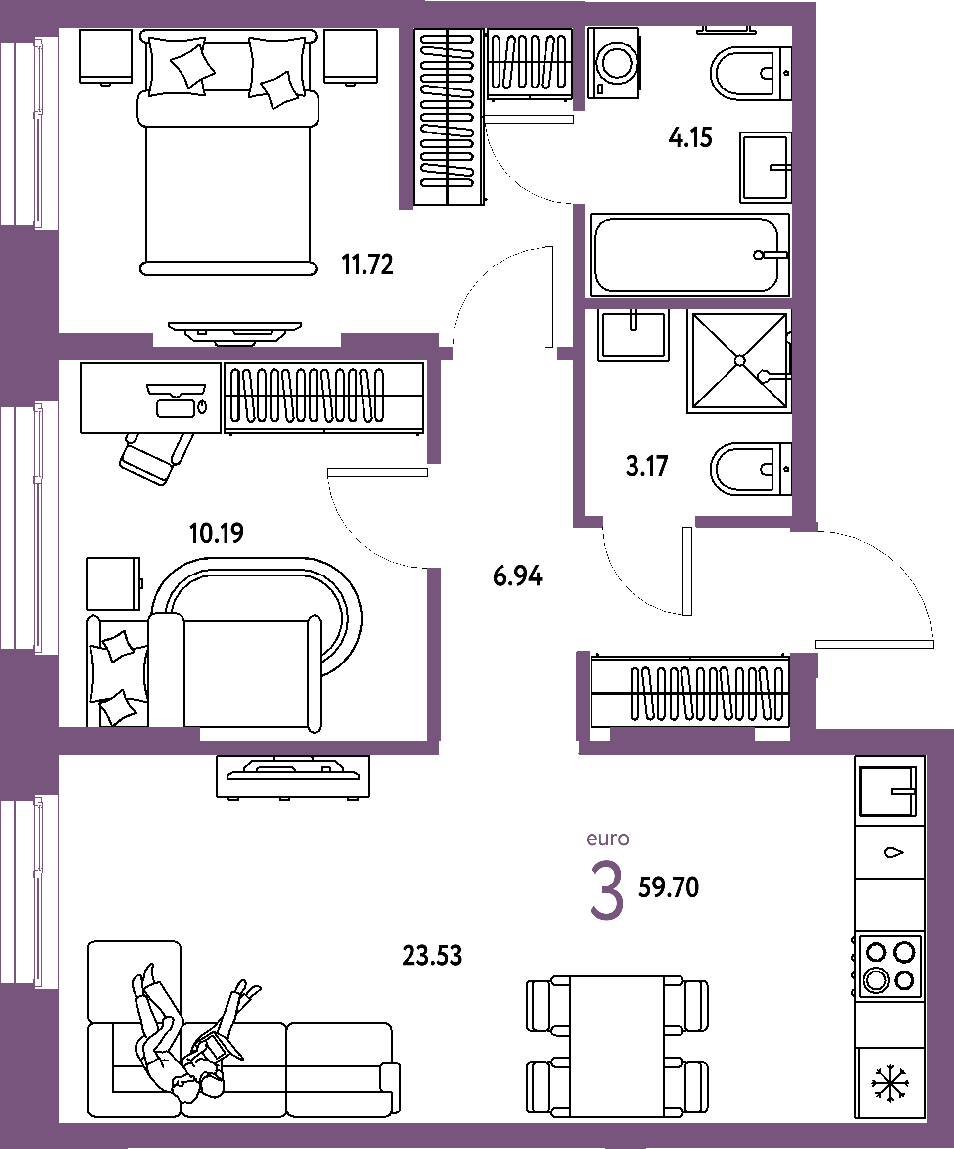 ЖК "Европейский берег 2.0"-3-комнатная 59.7 м²