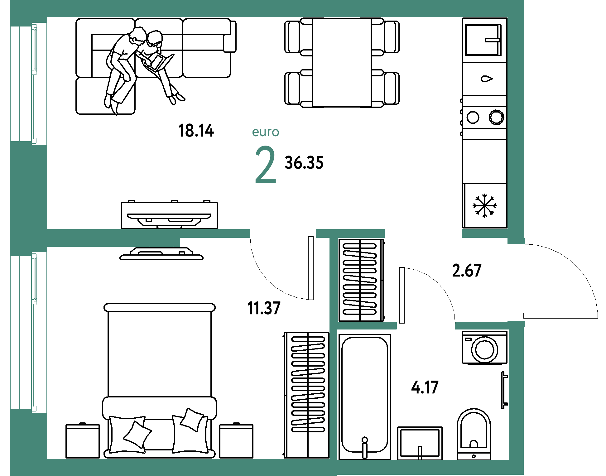 ЖК "Европейский берег 2.0"-2-комнатная 36.35 м²