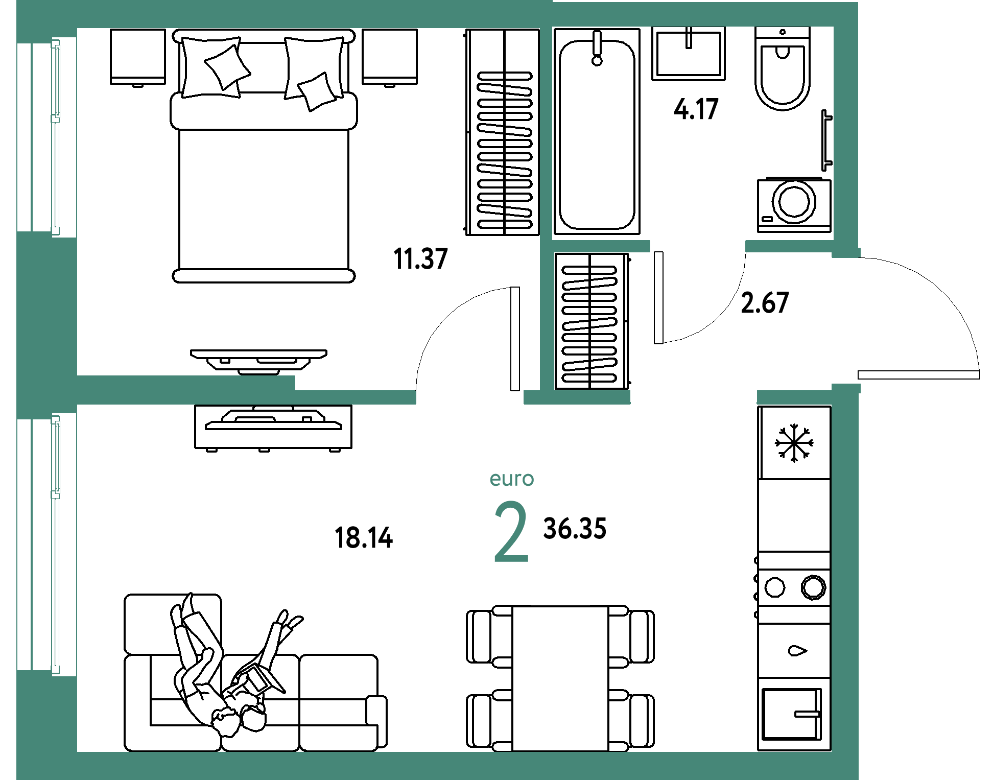 ЖК "Европейский берег 2.0"-2-комнатная 36.35 м²