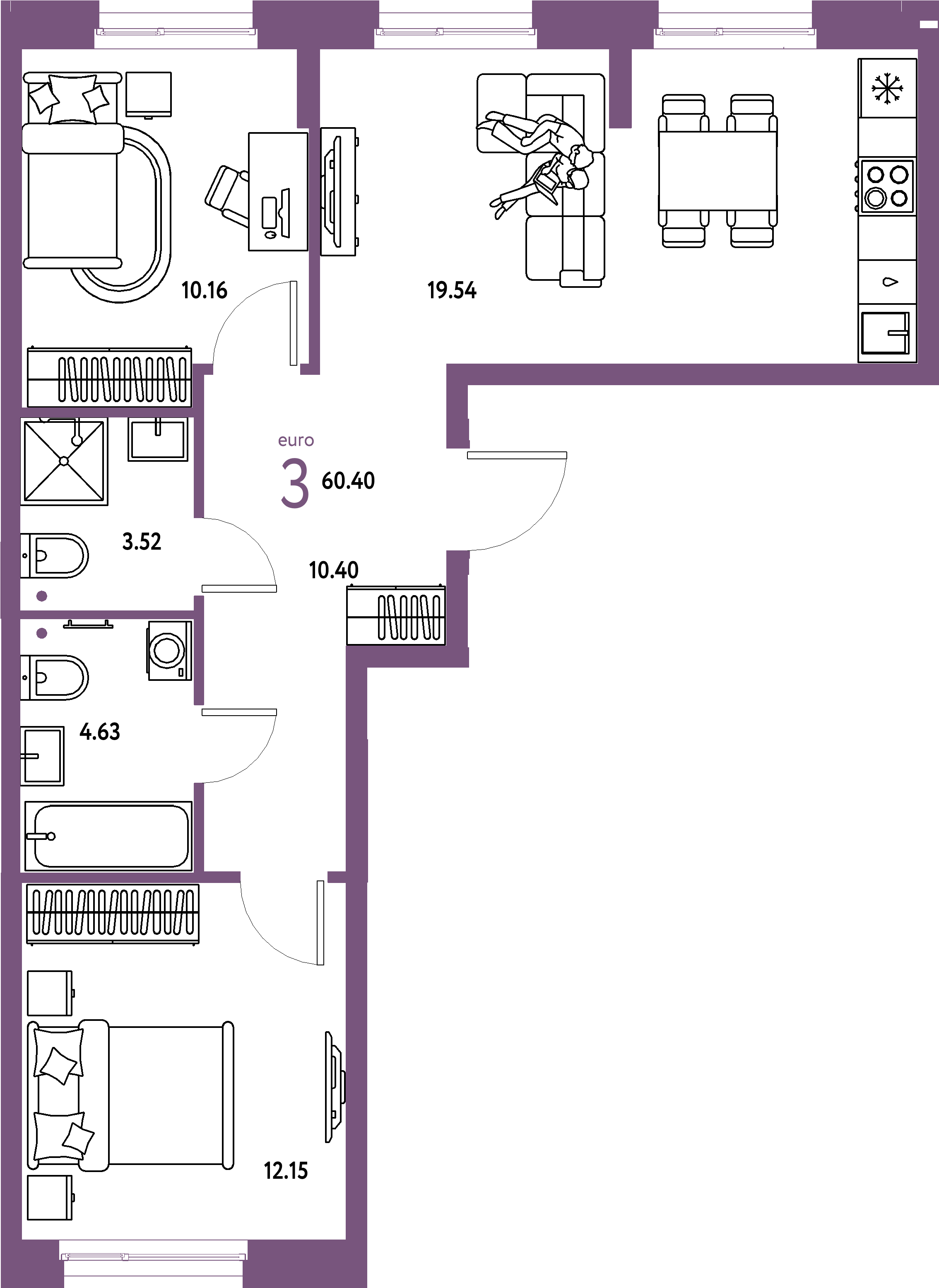 ЖК "Европейский берег 2.0"-3-комнатная 60.4 м²