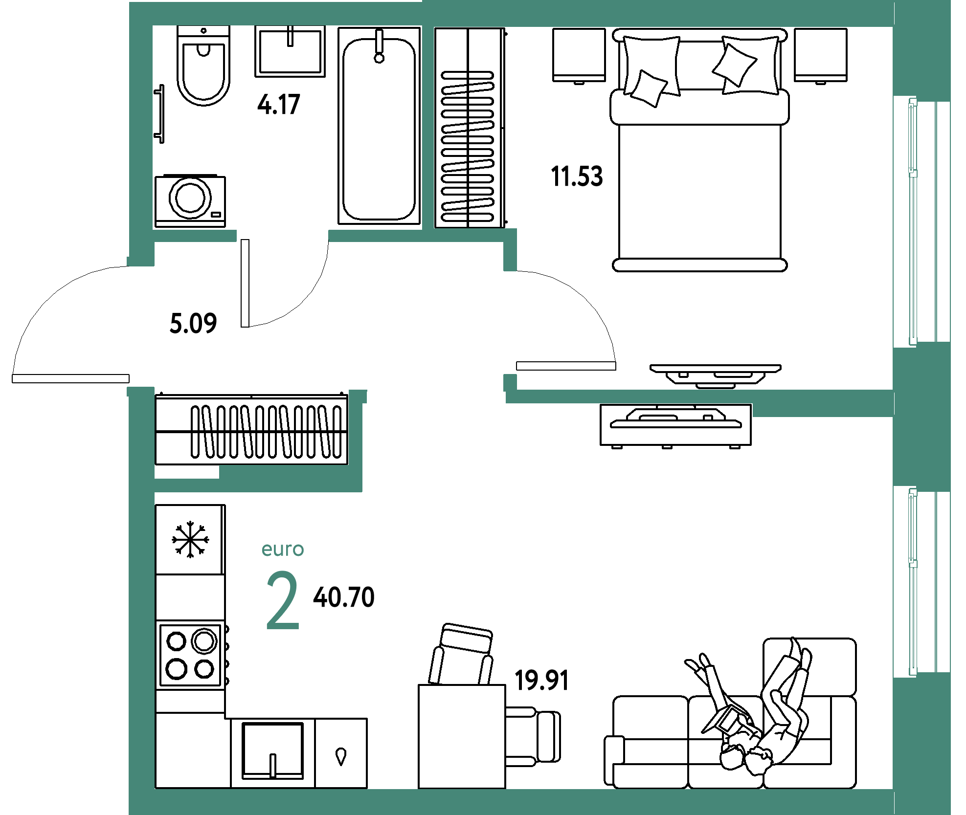 ЖК "Европейский берег 2.0"-2-комнатная 40.7 м²