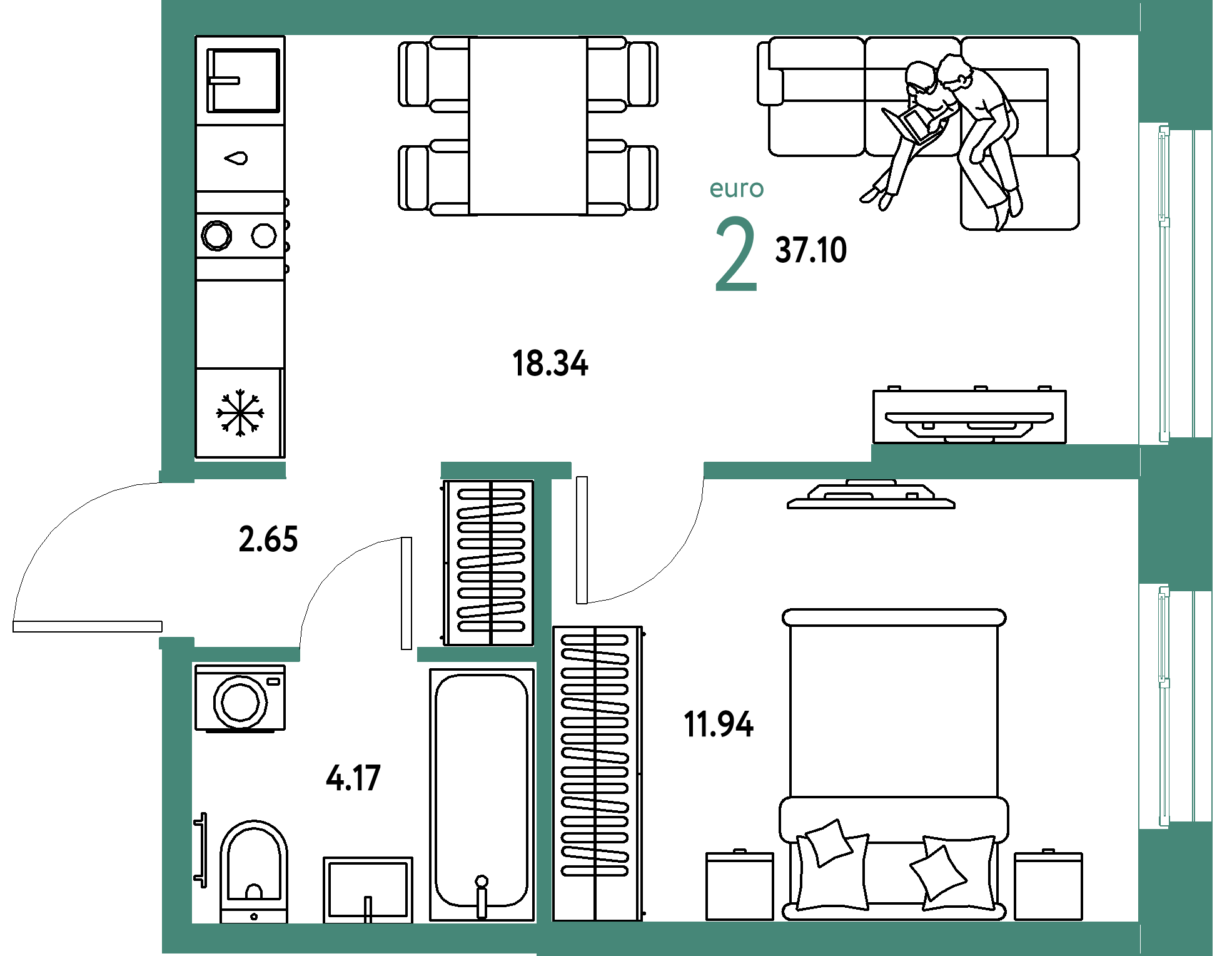 ЖК "Европейский берег 2.0"-2-комнатная 37.1 м²