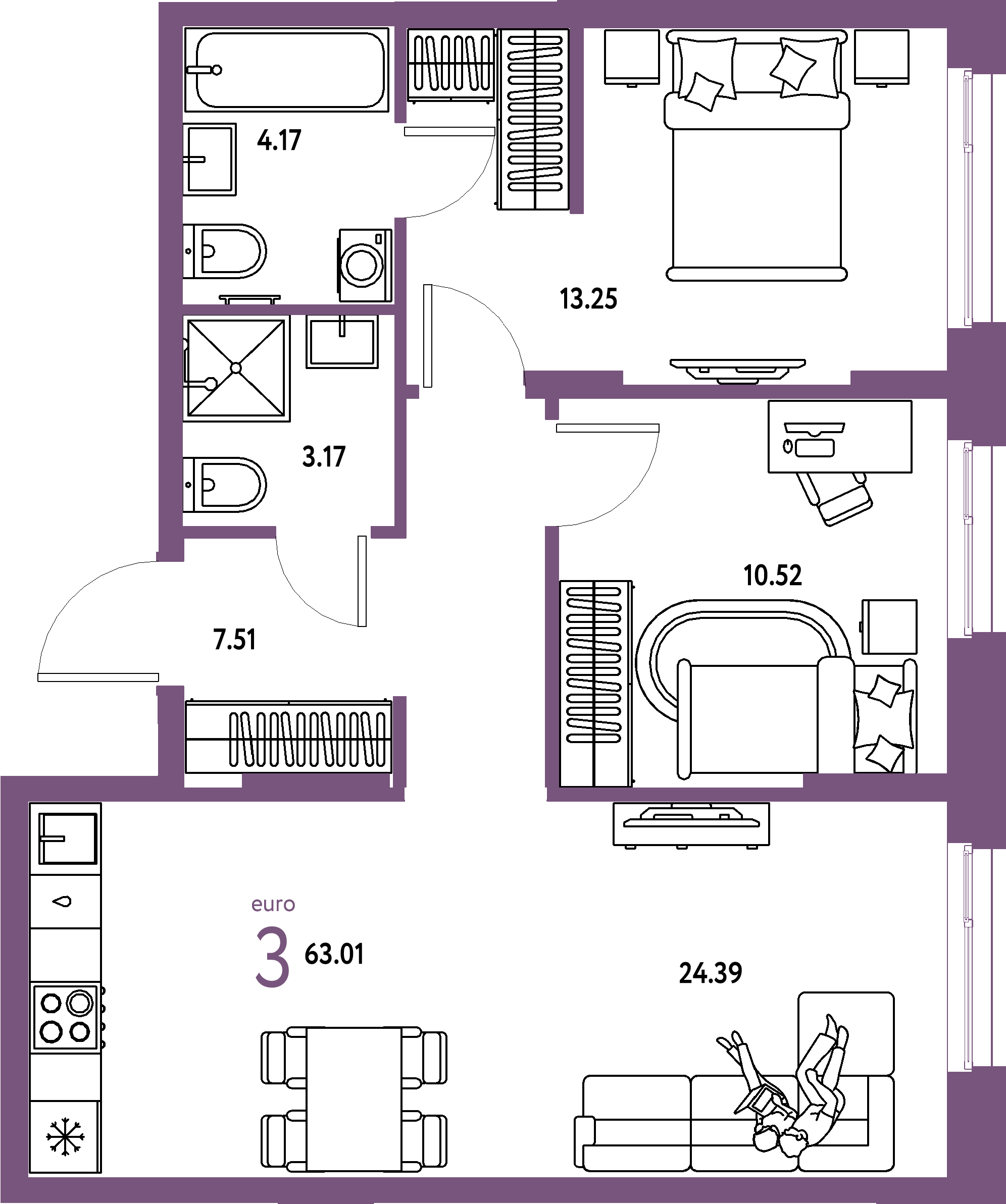 ЖК "Европейский берег 2.0"-3-комнатная 63.01 м²