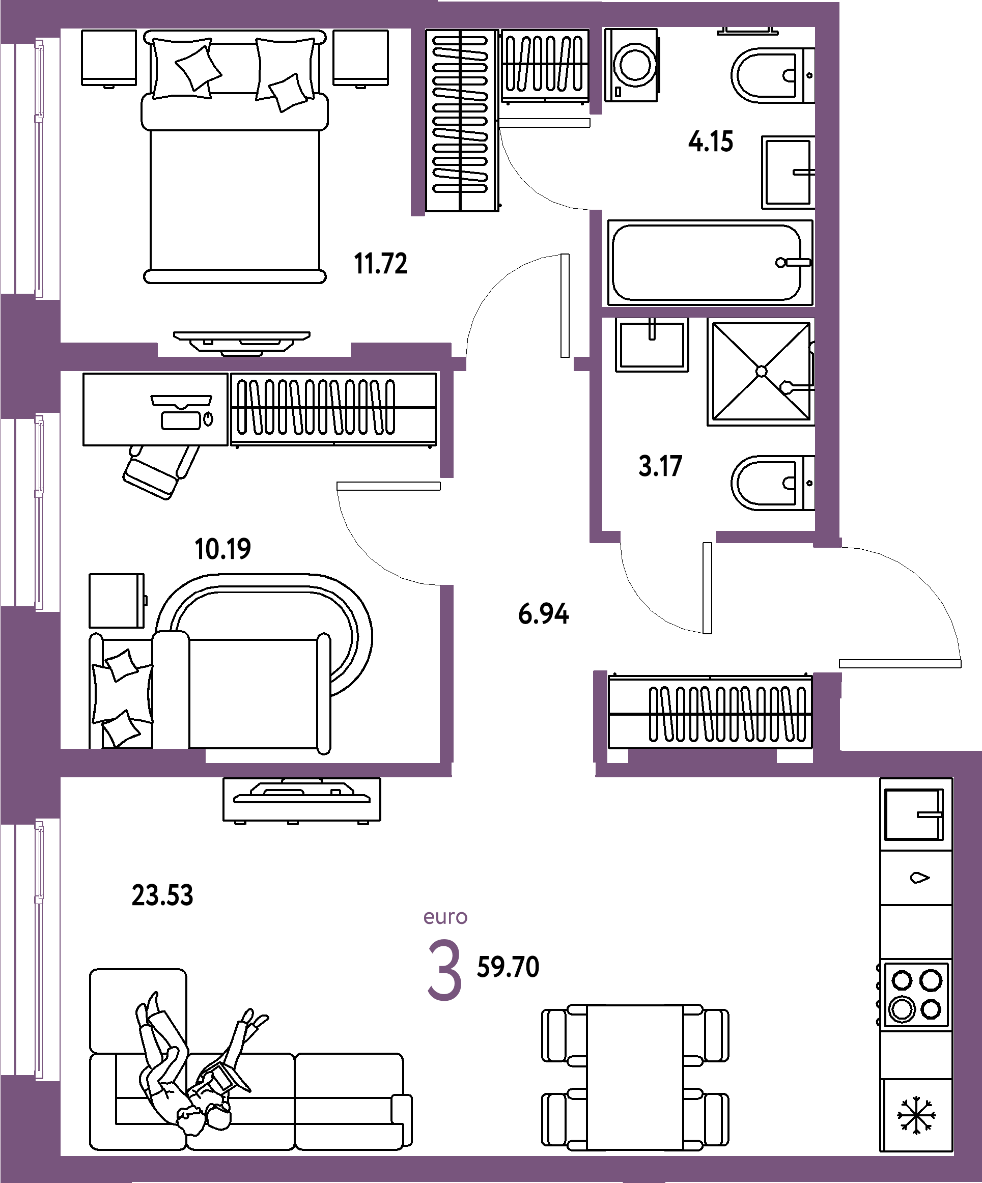 ЖК "Европейский берег 2.0"-3-комнатная 59.7 м²