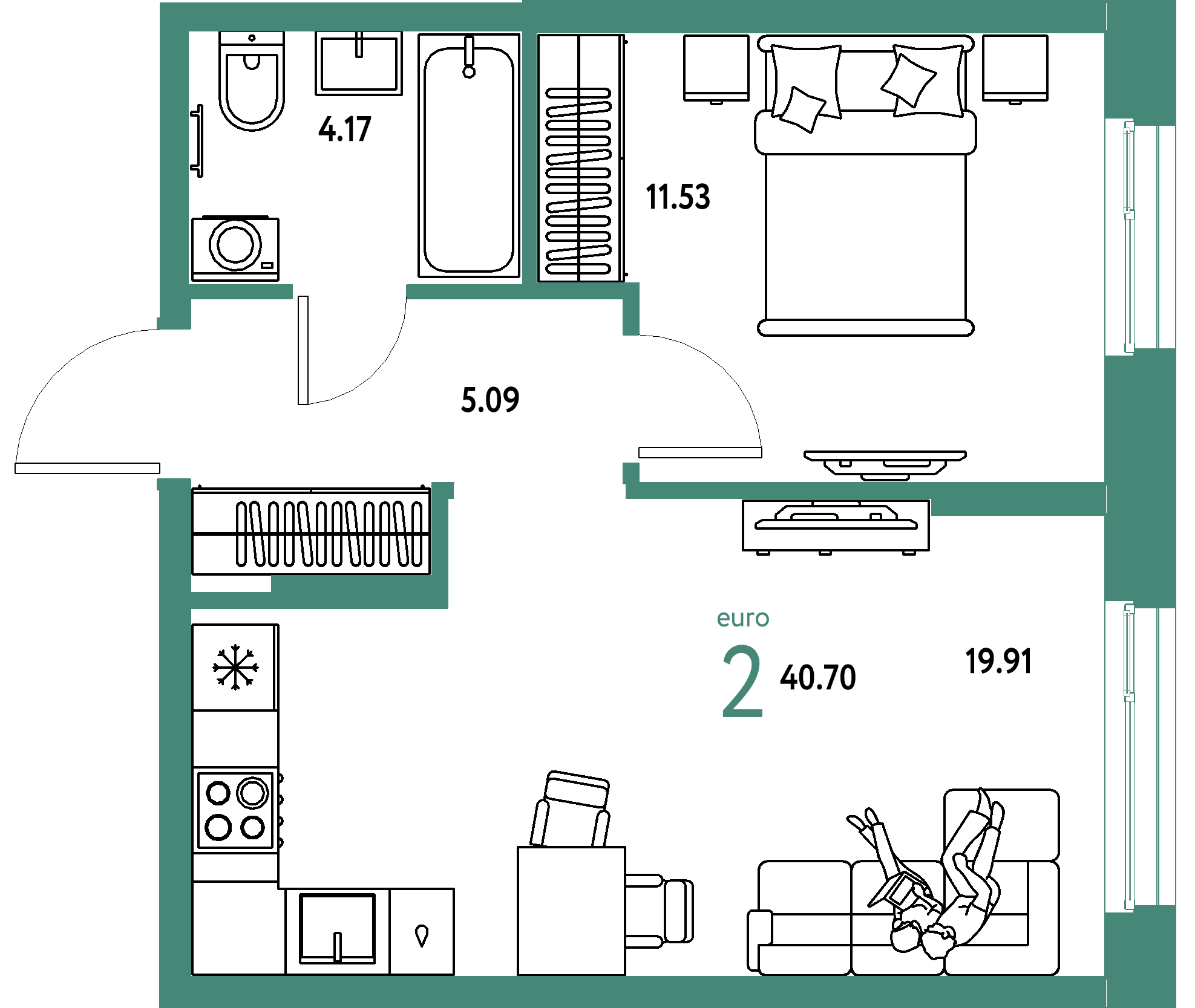 ЖК "Европейский берег 2.0"-2-комнатная 40.7 м²