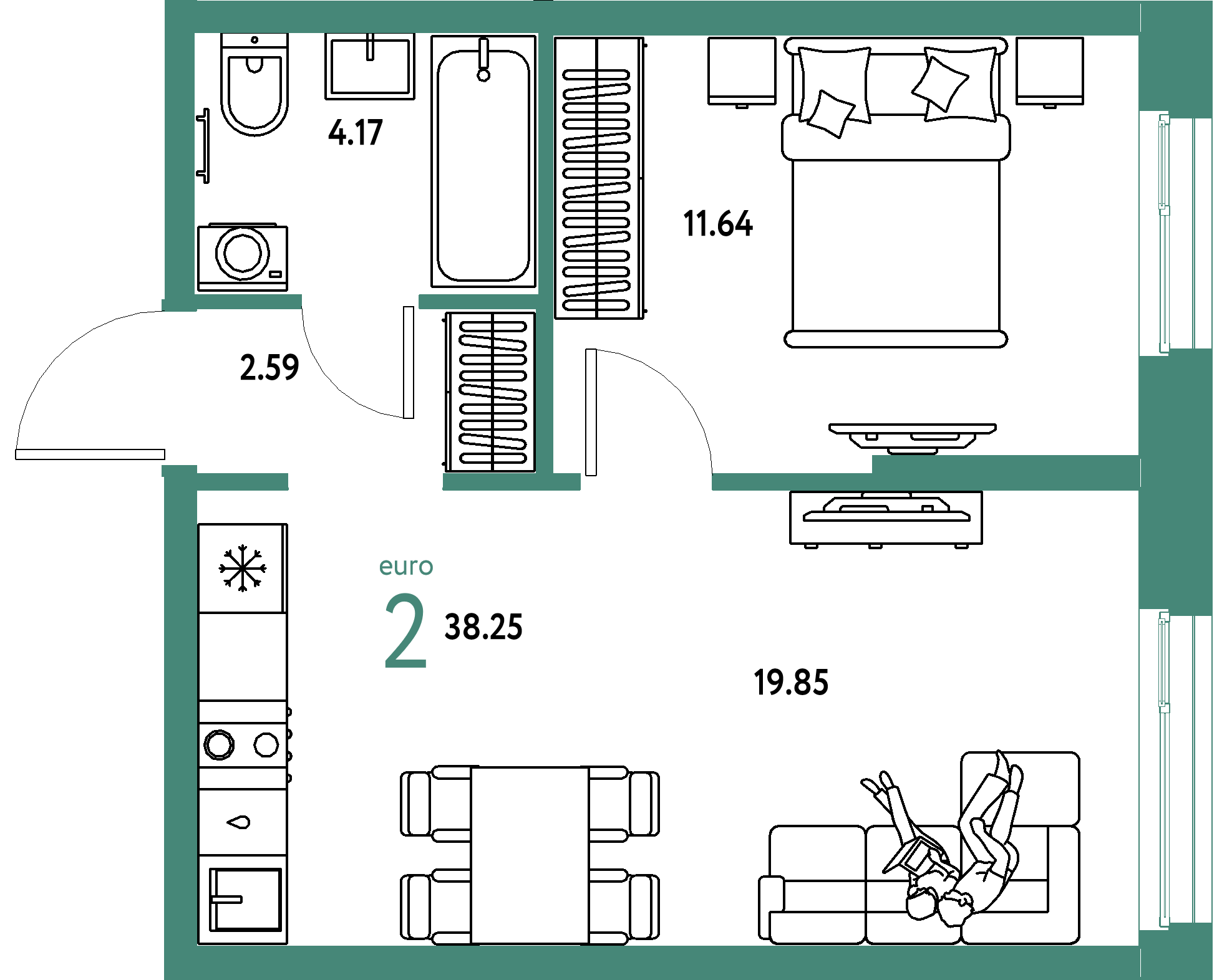 ЖК "Европейский берег 2.0"-2-комнатная 38.25 м²