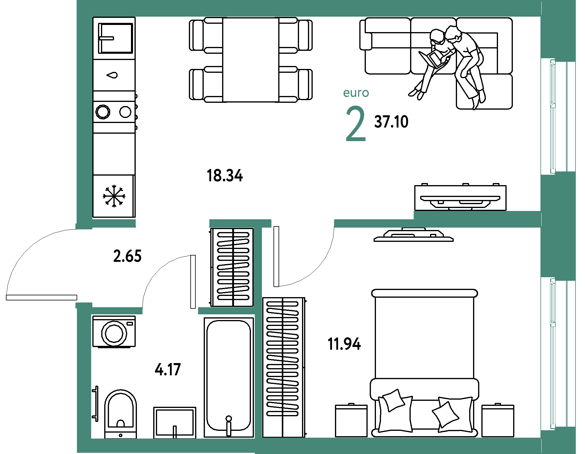 ЖК "Европейский берег 2.0"-2-комнатная 37.1 м²