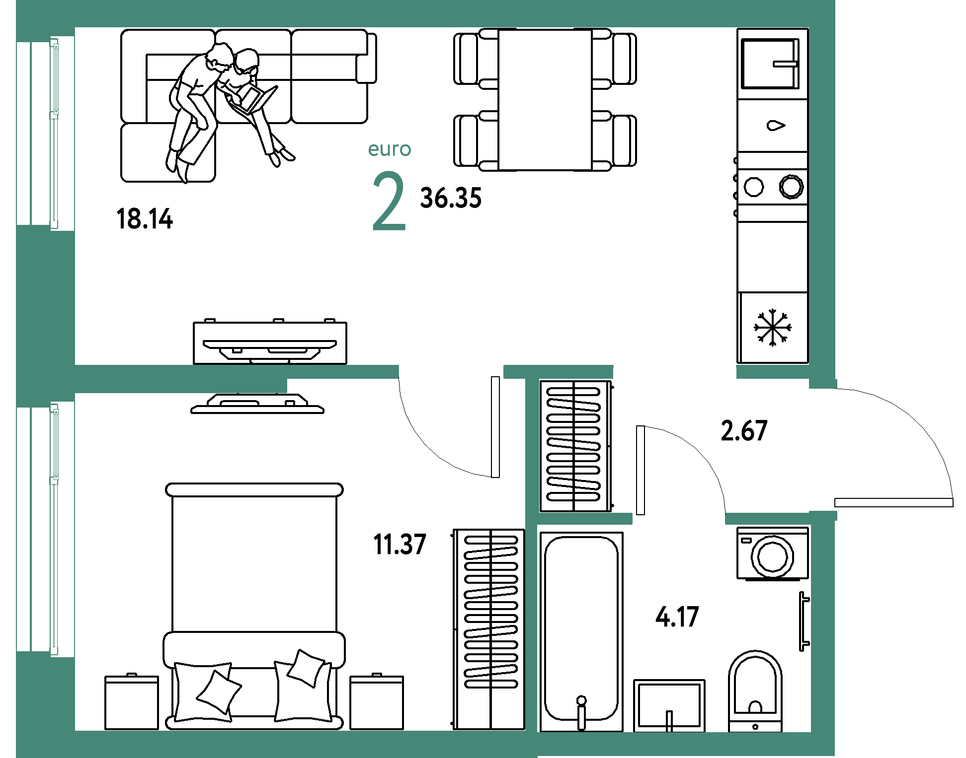 ЖК "Европейский берег 2.0"-2-комнатная 36.35 м²