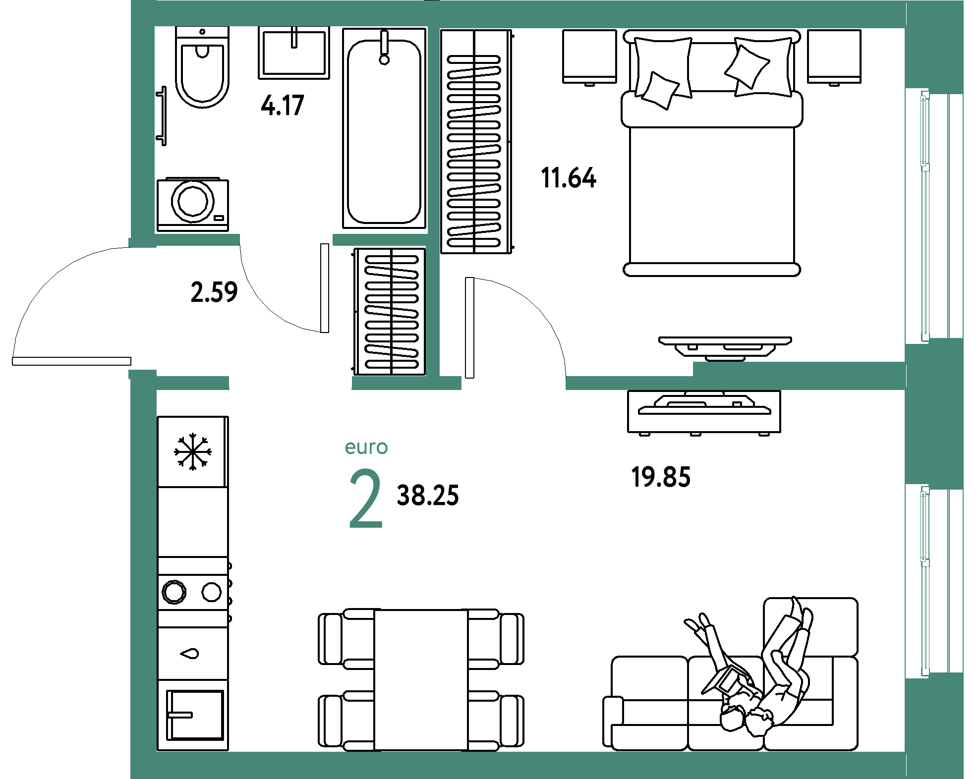 ЖК "Европейский берег 2.0"-2-комнатная 38.25 м²