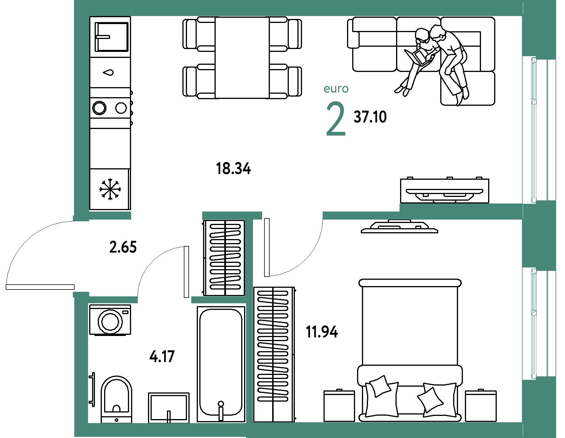ЖК "Европейский берег 2.0"-2-комнатная 37.1 м²