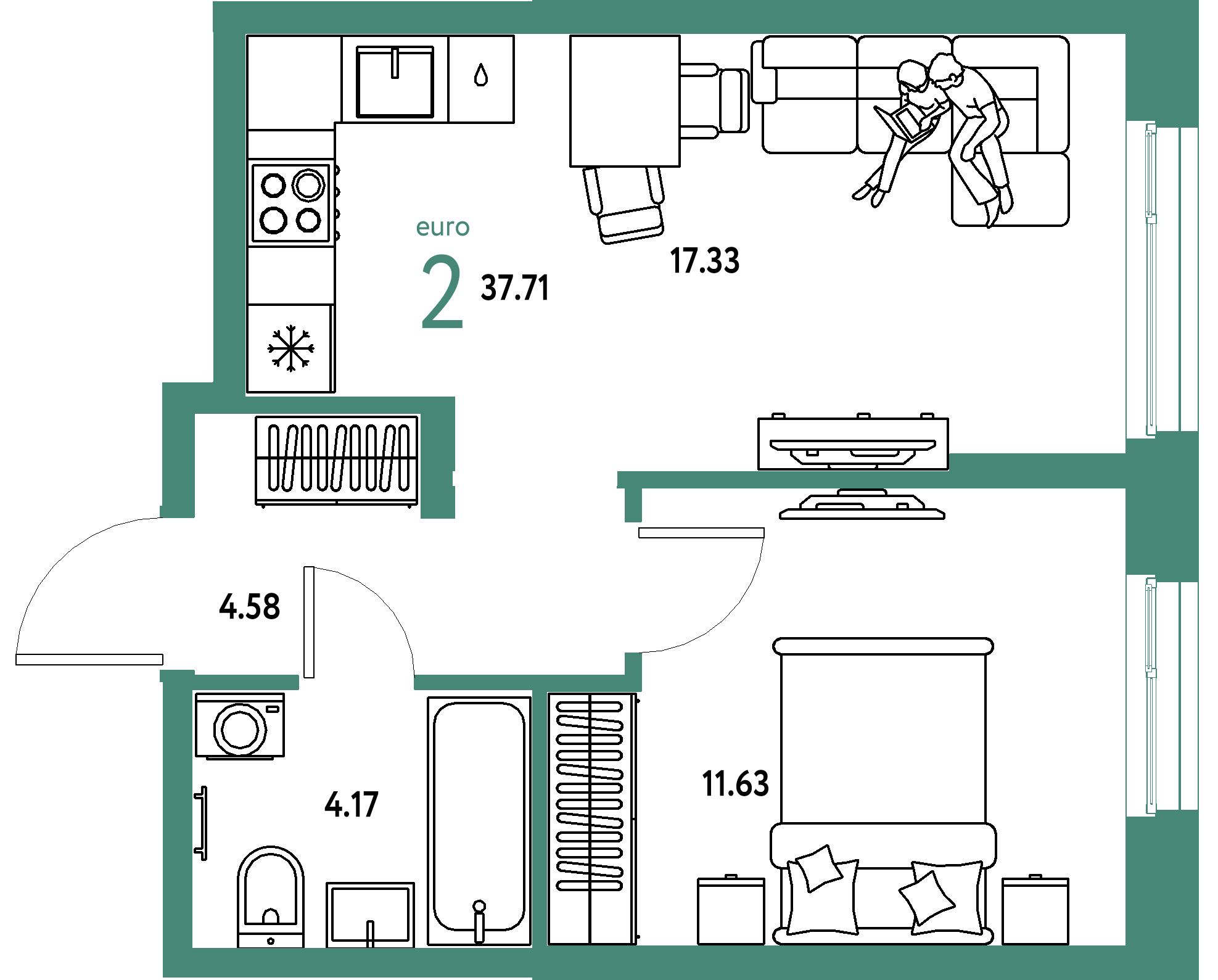 ЖК "Европейский берег 2.0"-2-комнатная 37.71 м²